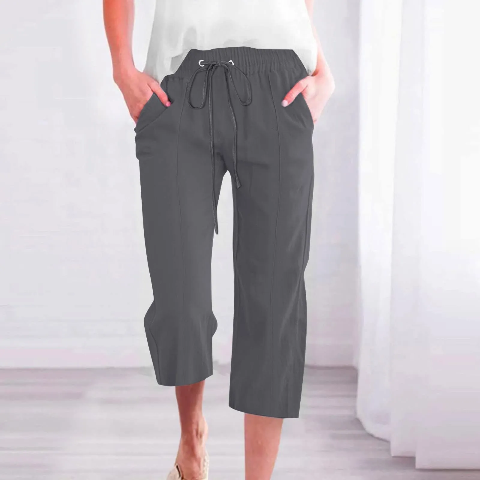 HEONSATI Donna Pantaloni Pinocchietto 3/4 Casual in Cotone e Lino Capri Larghi con Coulisse Regolabile - immagine 2