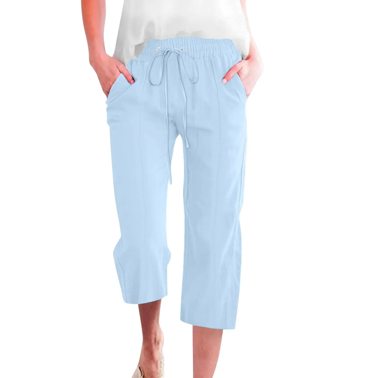 HEONSATI Donna Pantaloni Pinocchietto Estivi Casual in Cotone e Lino 3/4 Capri Bermuda con Coulisse Regolabile - immagine 1