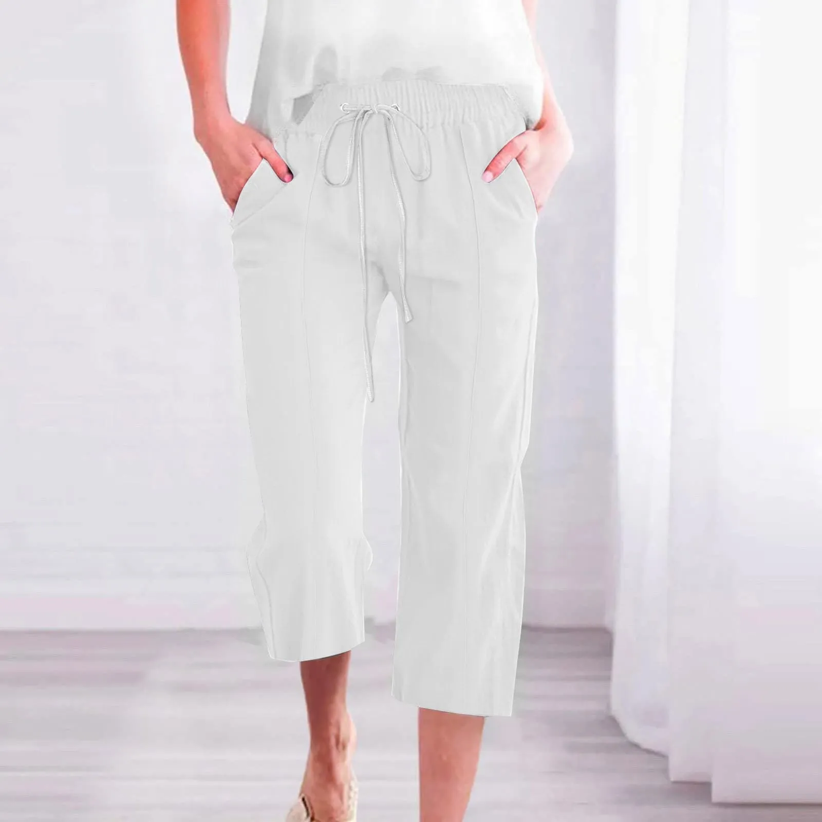 HEONSATI Donna Pantaloni Pinocchietto Estivi Casual in Cotone e Lino 3/4 Capri Bermuda Larghi con Coulisse Regolabile - immagine 2