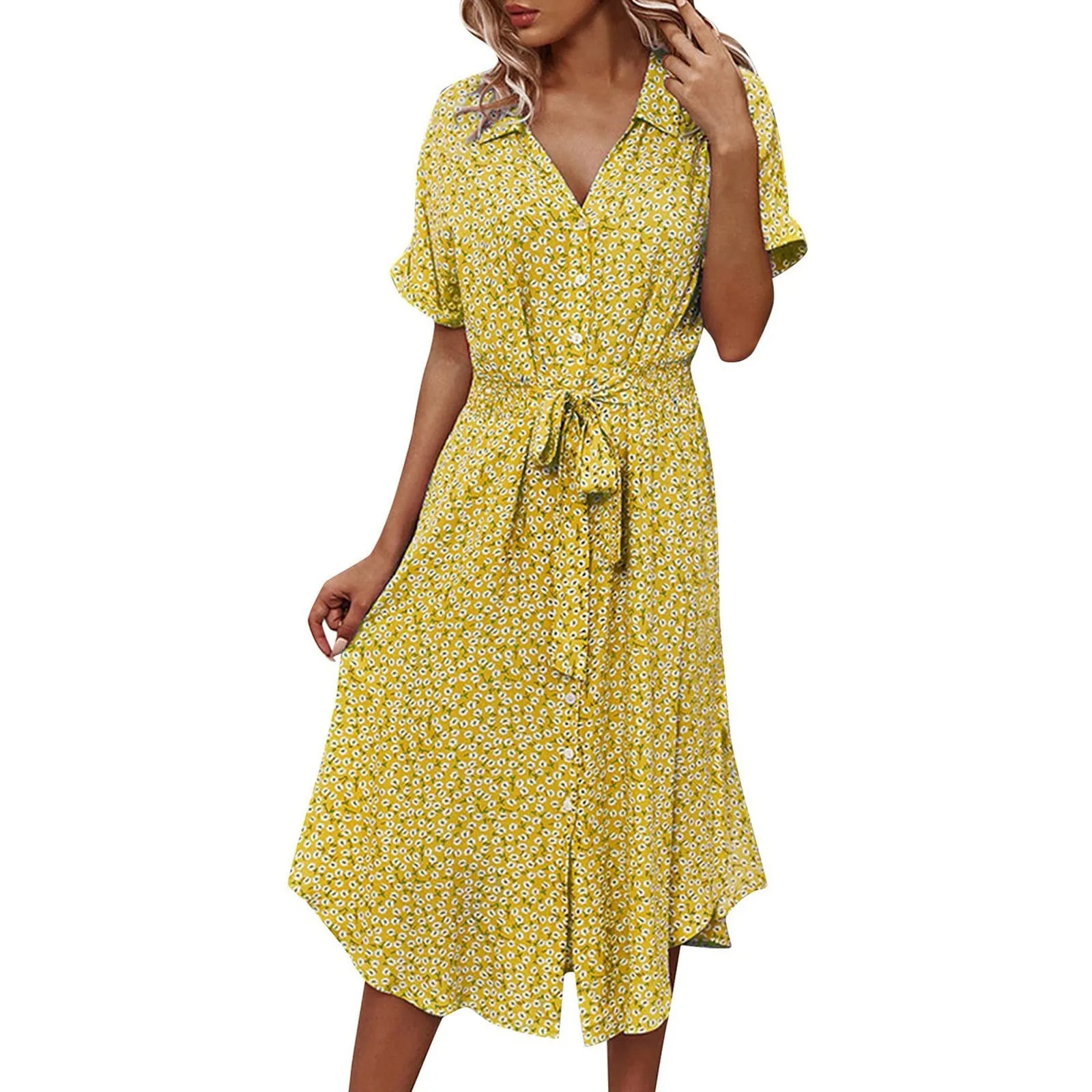 Abito estivo da donna bohémien a fiori giallo, scollo a V, maniche corte con cintura, M - immagine 1
