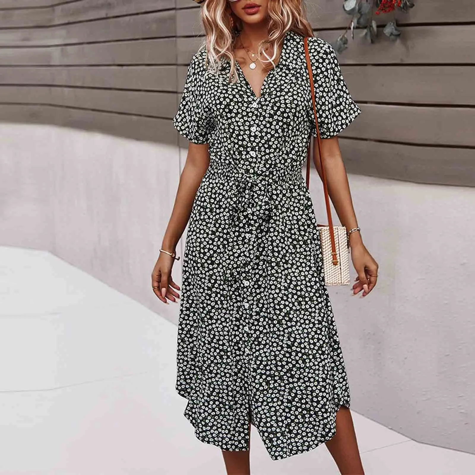 Abito estivo da donna bohémien floreale, scollo a V, maniche corte con cintura, Nero, XL - immagine 6