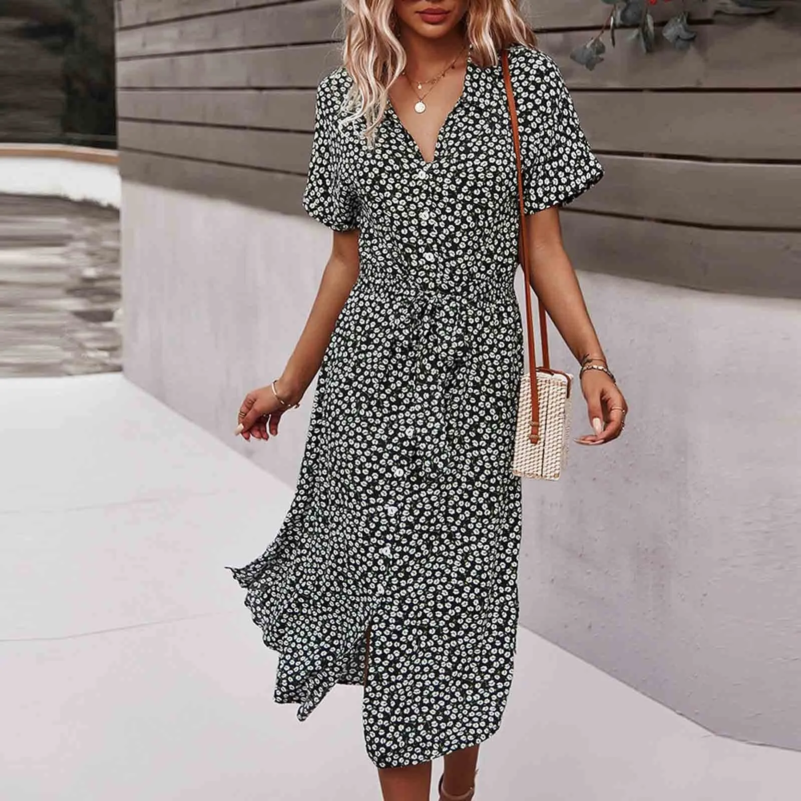 Abito estivo da donna bohémien floreale, scollo a V, maniche corte con cintura, Nero, XL - immagine 7