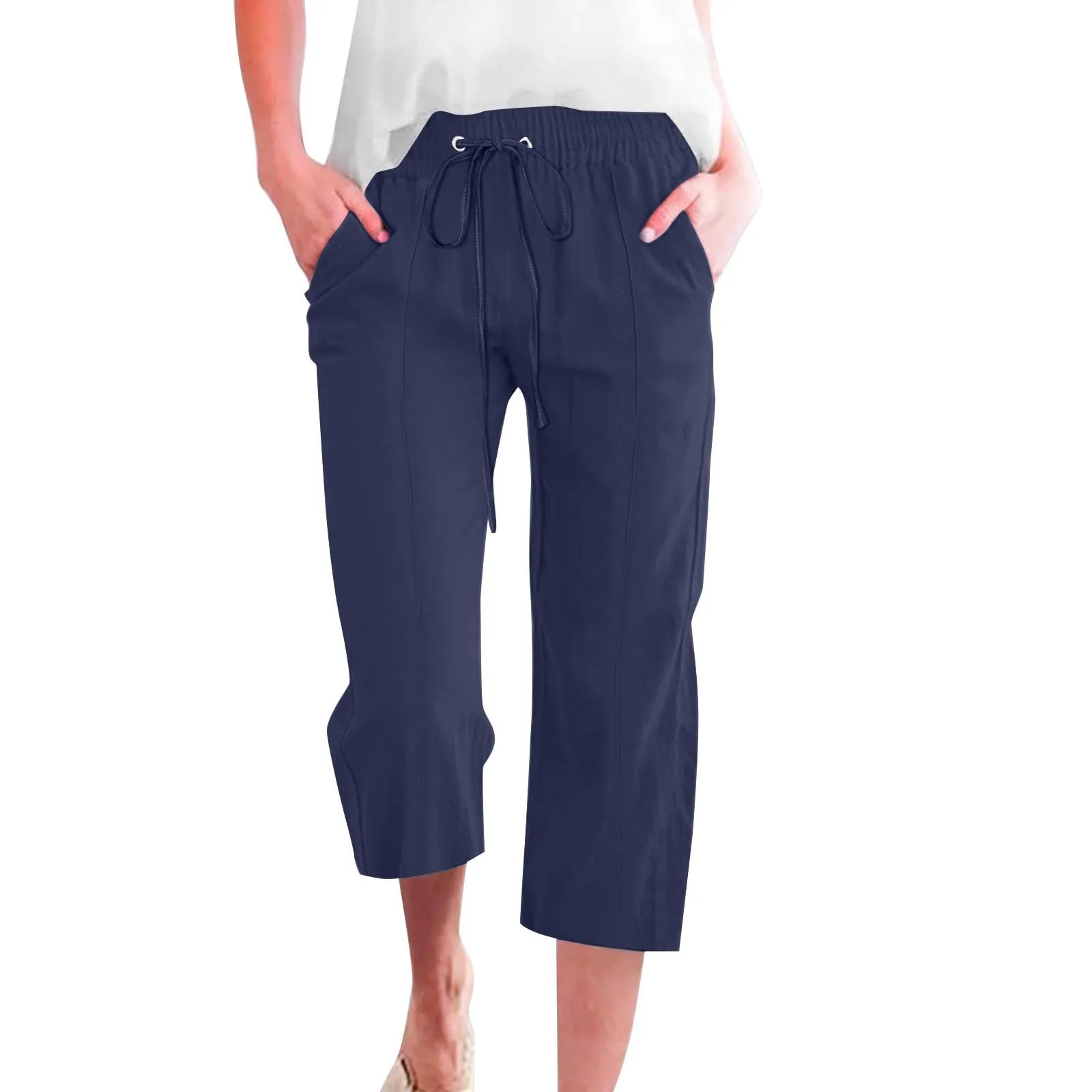 HEONSATI Donna Pantaloni Pinocchietto Estivi in Cotone e Lino Capri Casual 3/4 con Coulisse Regolabile - immagine 1