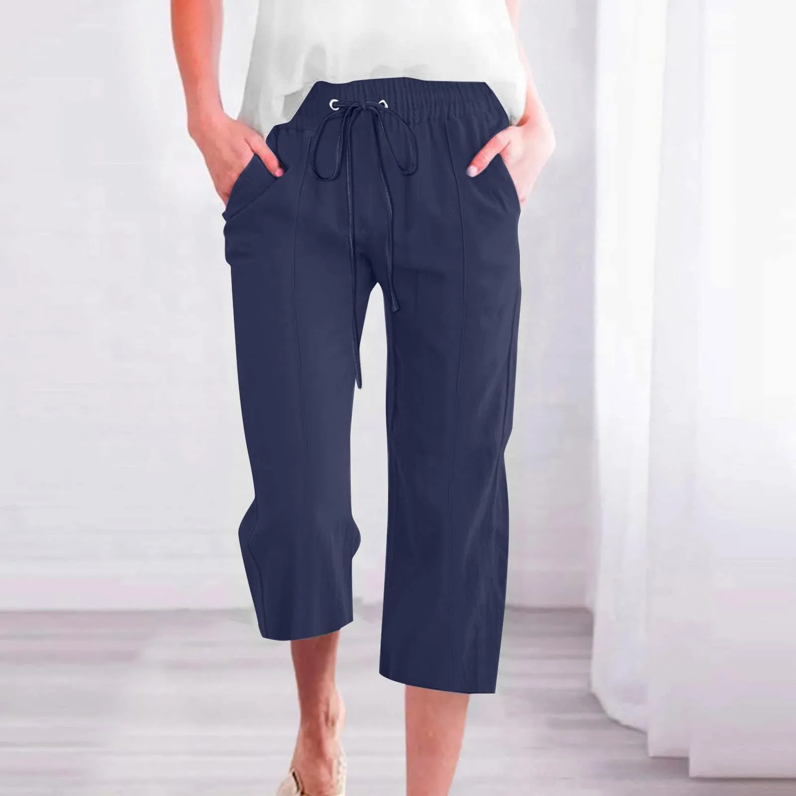 HEONSATI Donna Pantaloni Pinocchietto Estivi in Cotone e Lino Capri Casual 3/4 con Coulisse Regolabile - immagine 2