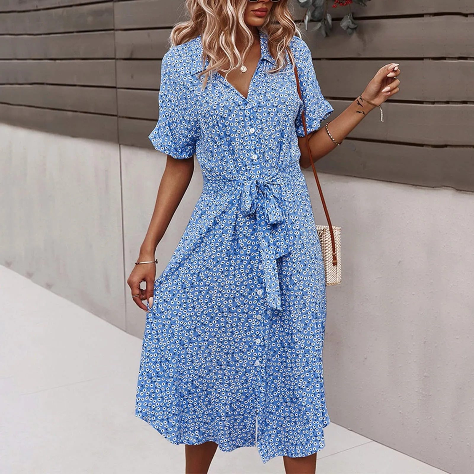 Abito estivo da donna bohémien a fiori, scollo a V, maniche corte con cintura, Blu, M - immagine 2
