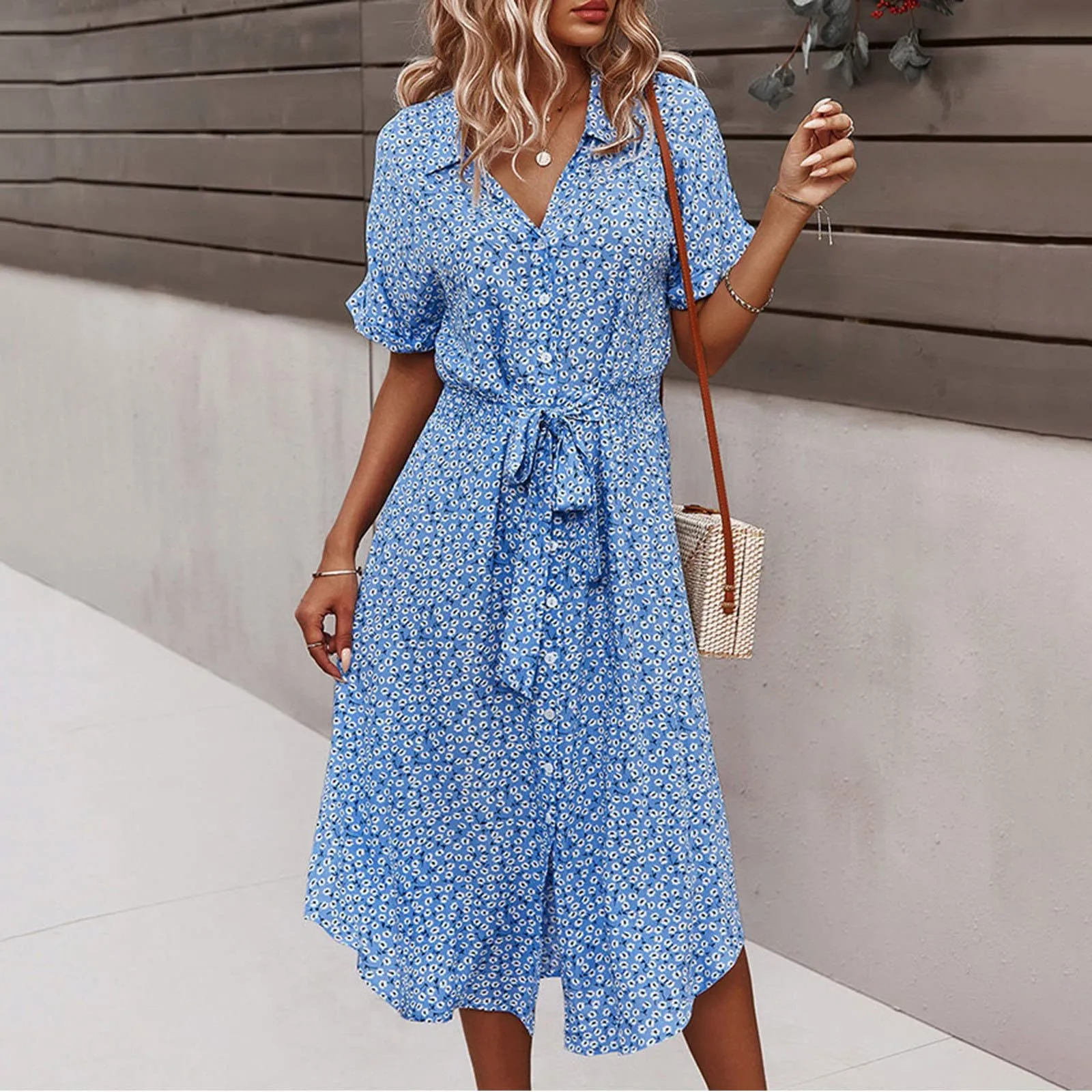 Abito estivo da donna bohémien a fiori, scollo a V, maniche corte con cintura, Blu, M - immagine 7