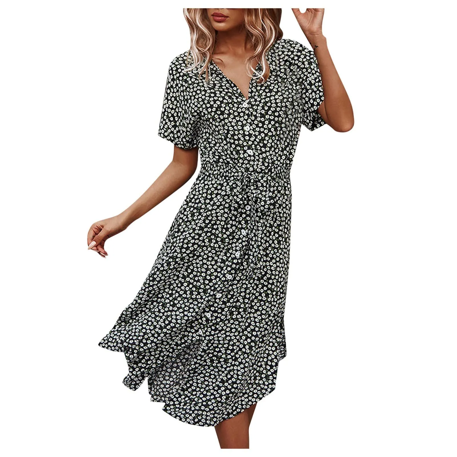 Abito estivo da donna bohémien a fiori, scollo a V, maniche corte con cintura, Nero, M - immagine 1