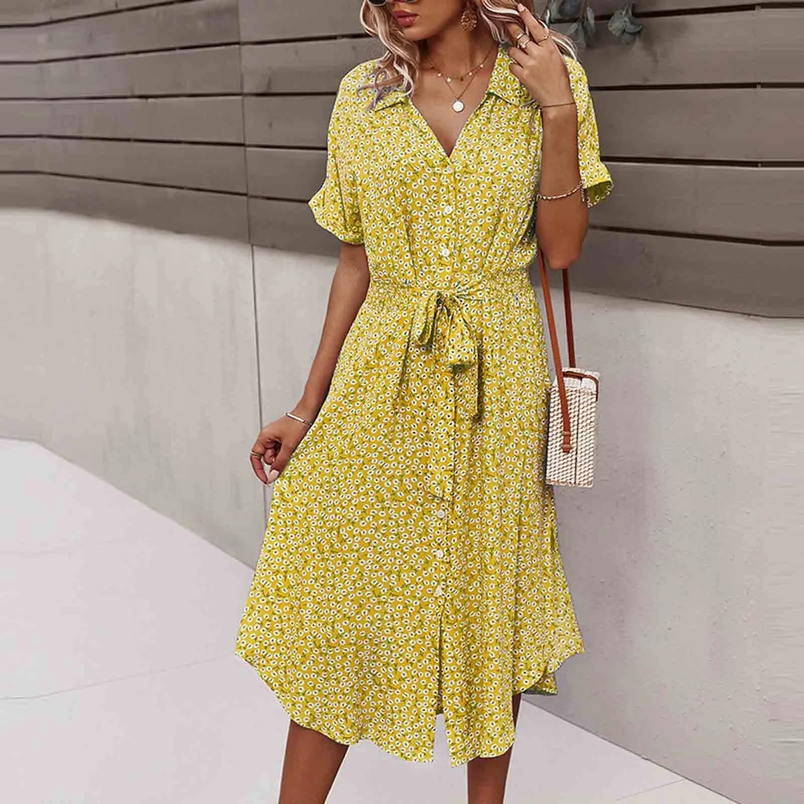 Abito Estivo da Donna Bohémien Giallo, Scollo a V, Maniche Corte con Cintura, Motivo Floreale, XL - immagine 2
