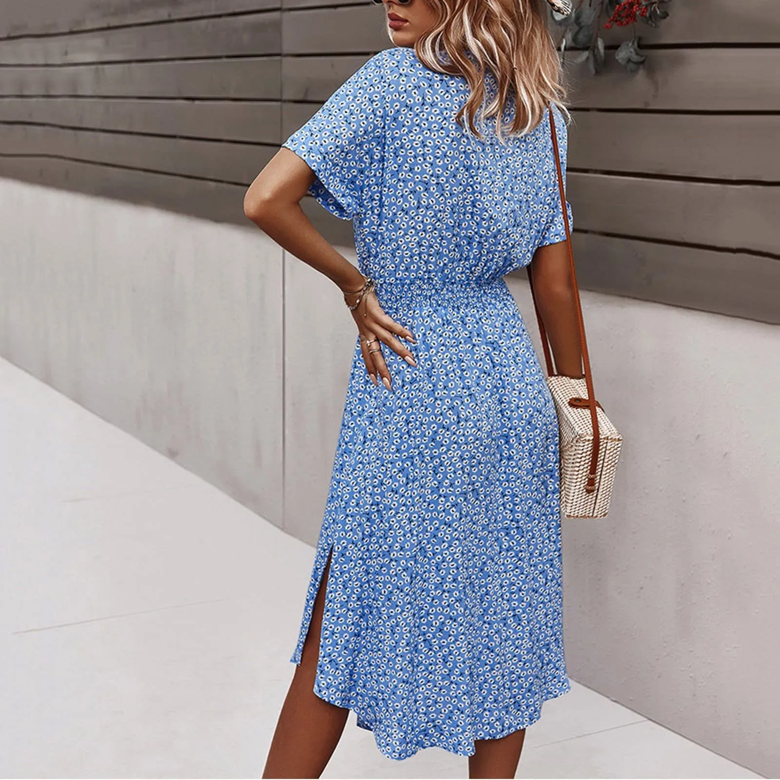 Abito estivo donna bohémien a fiori, scollo a V, maniche corte, con cintura, Blu, S - immagine 3