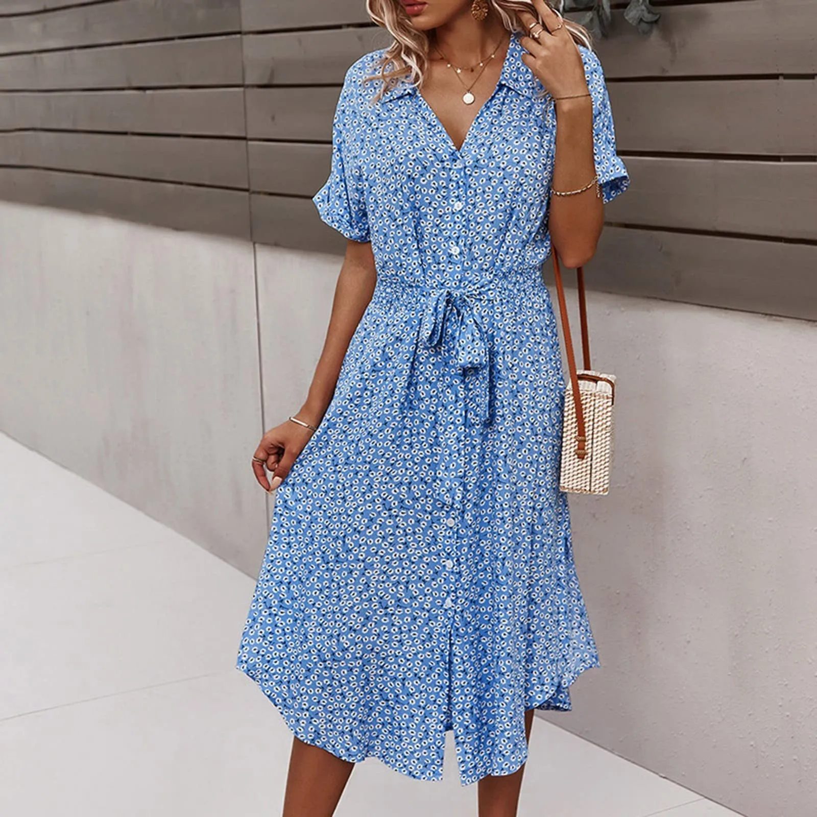 Abito estivo donna bohémien a fiori, scollo a V, maniche corte, con cintura, Blu, S - immagine 6