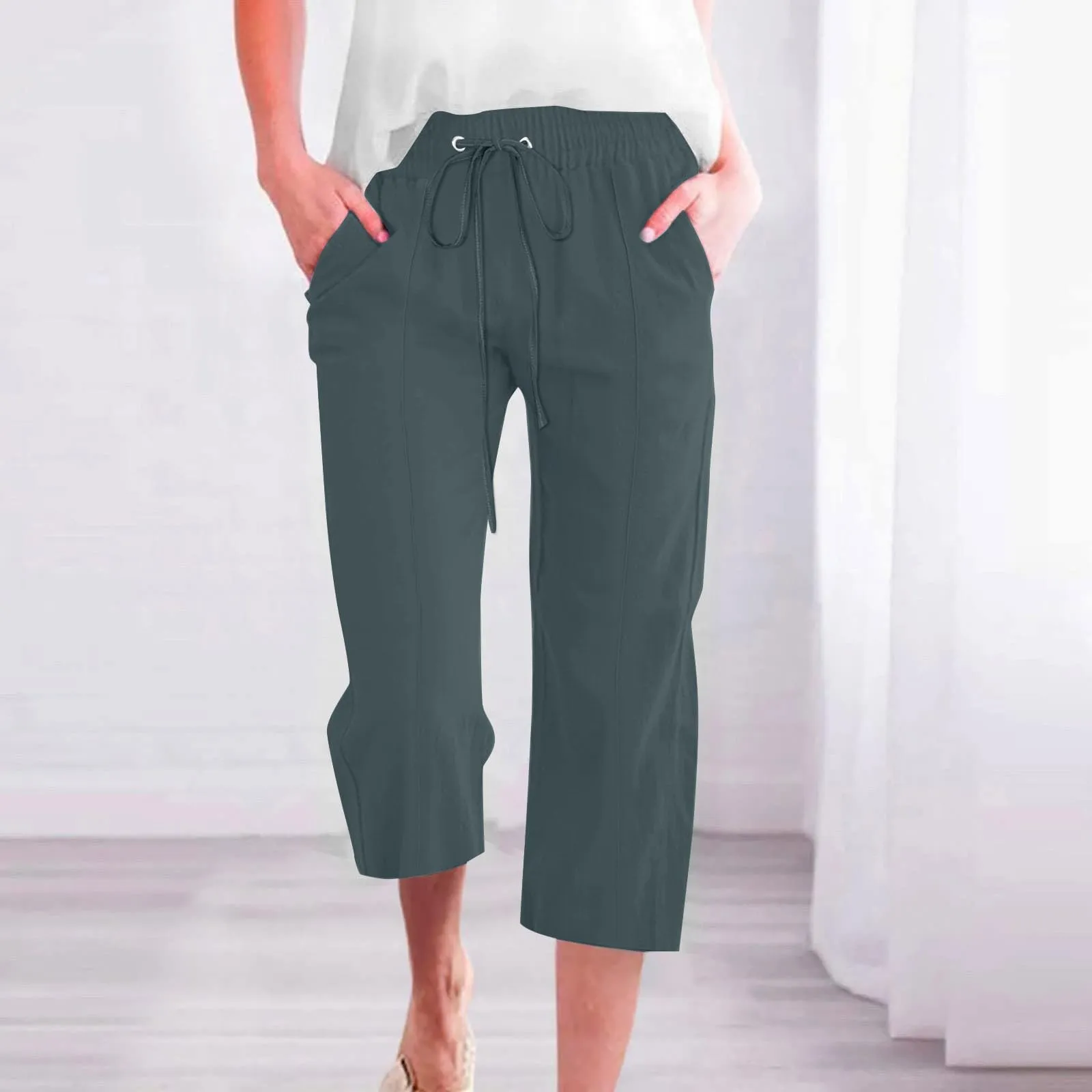 HEONSATI Donna Pantaloni Pinocchietto Estivi in Cotone e Lino Casual 3/4 Capri Bermuda Larghi con Coulisse Regolabile - immagine 2