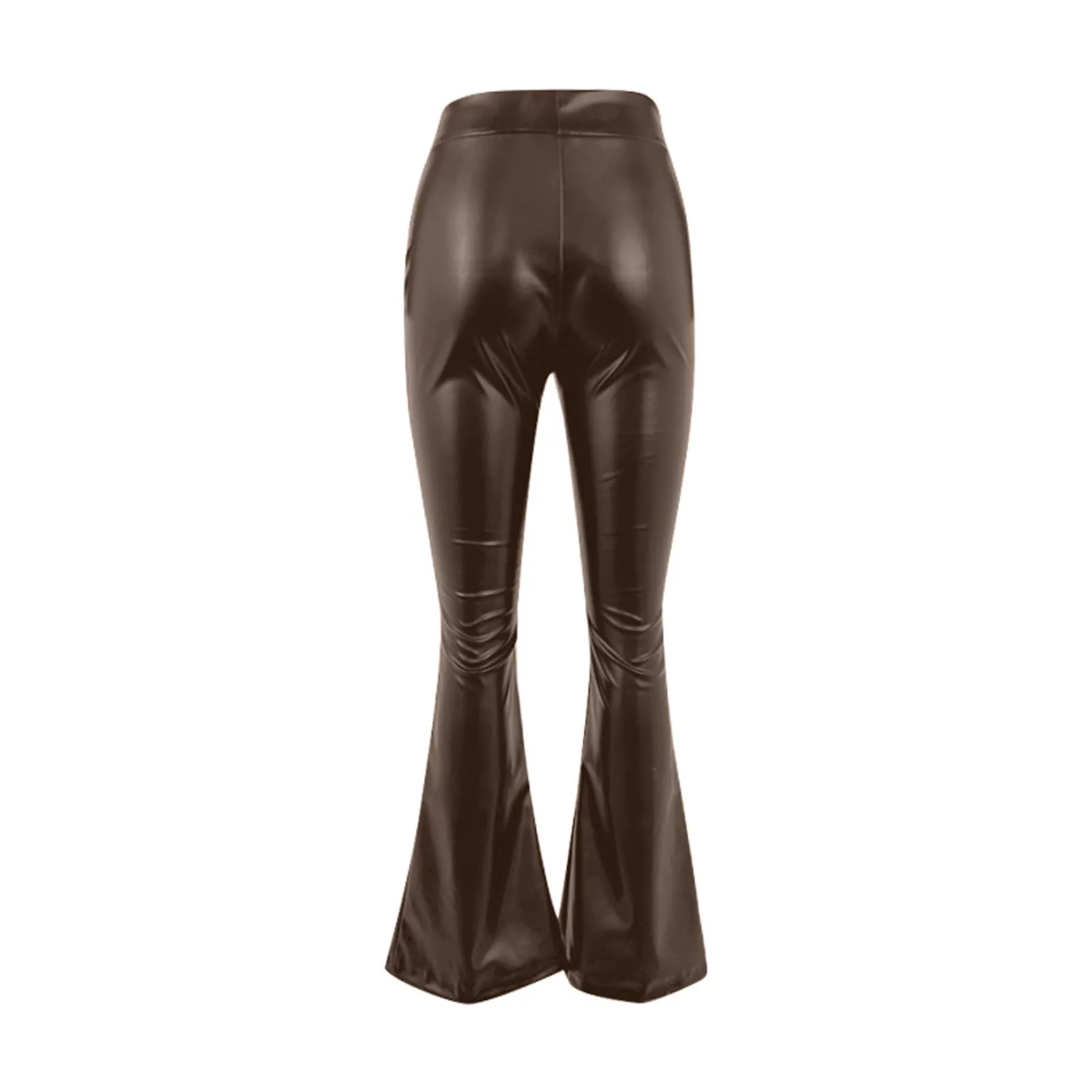 Duohropke Pantaloni a zampa in similpelle a vita alta per donna, Marrone, S - immagine 5
