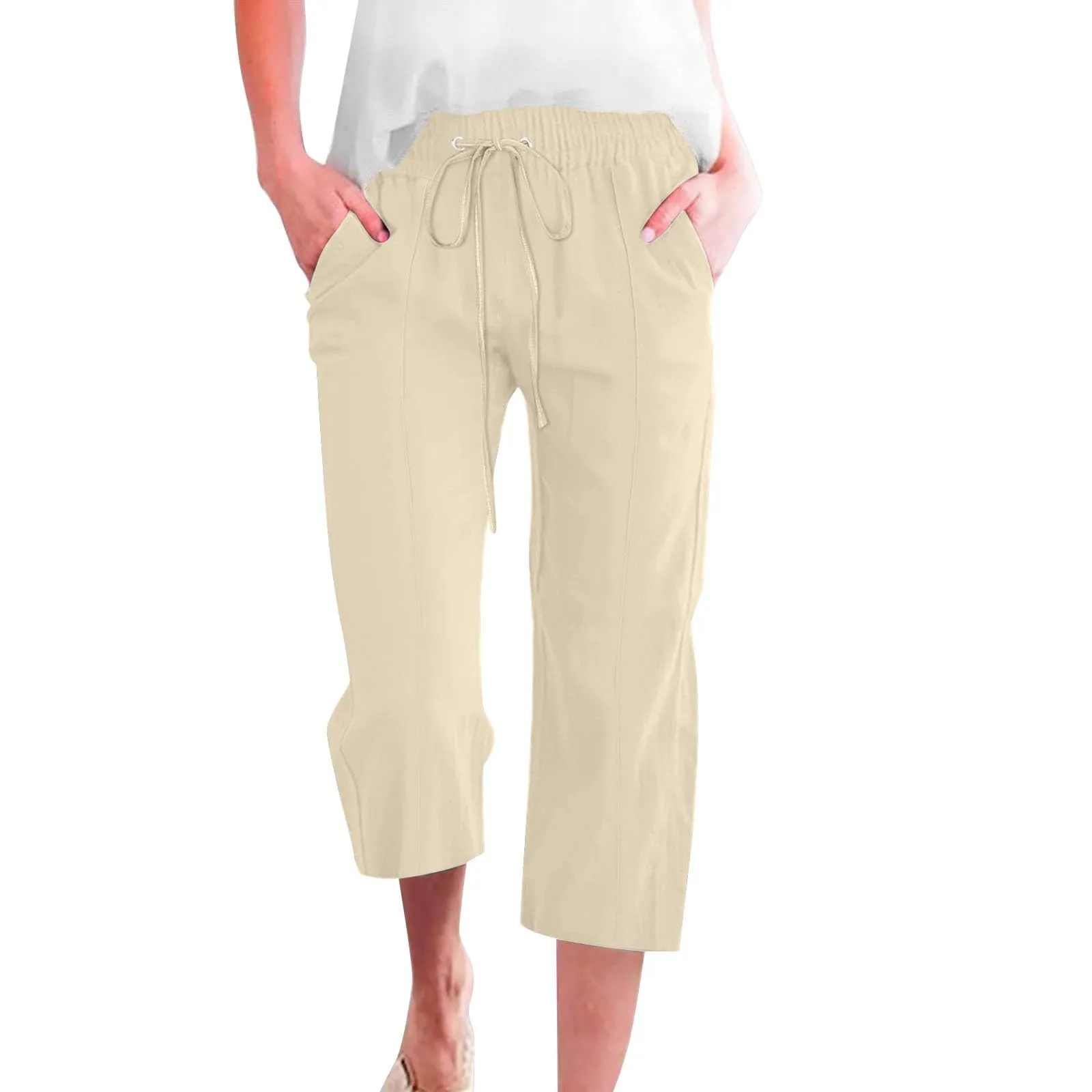 HEONSATI Donna Pantaloni Pinocchietto Estivi in Cotone e Lino 3/4 Capri Bermuda Larghi con Coulisse Regolabile - immagine 1