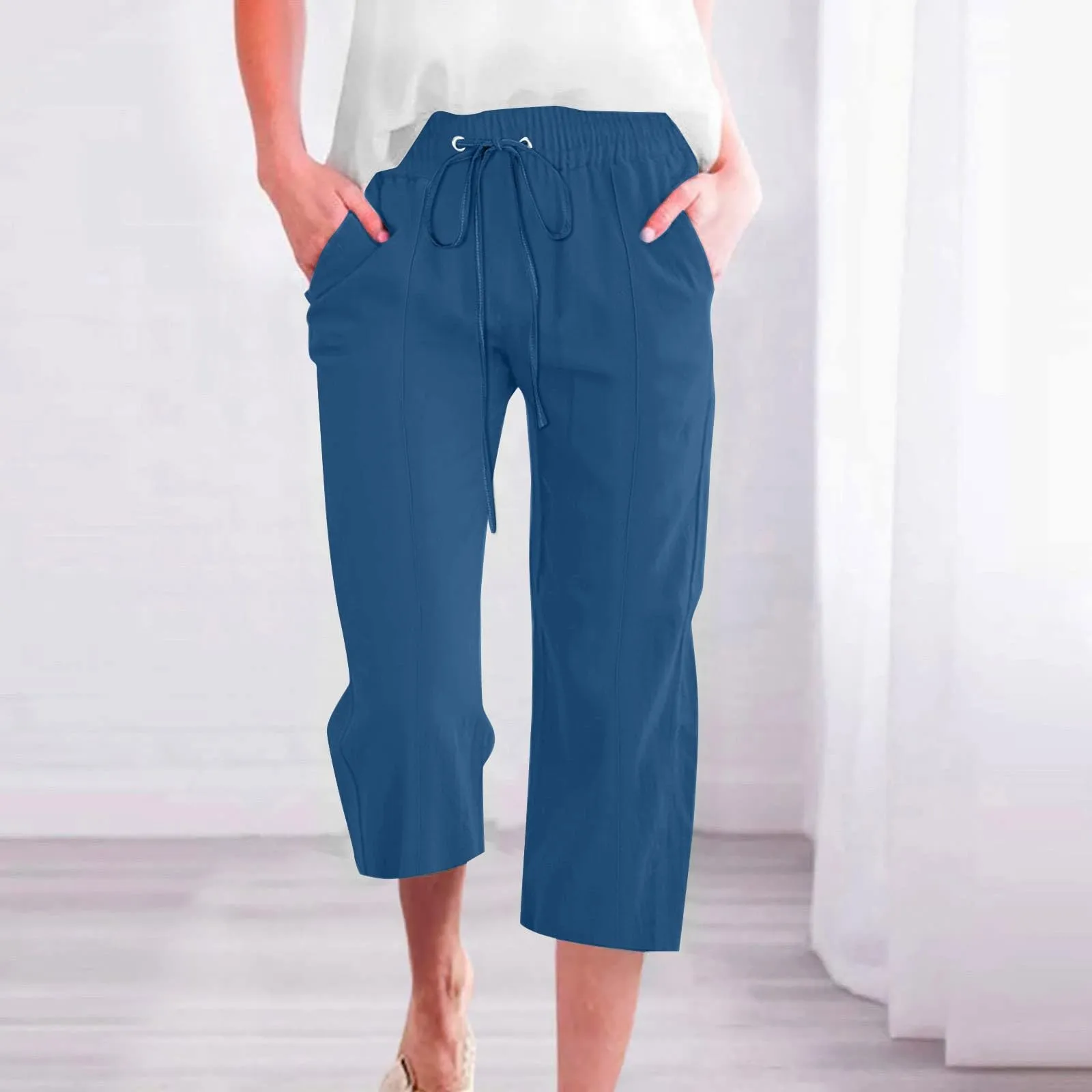HEONSATI Donna Pantaloni Pinocchietto Estivi in Cotone e Lino 3/4 Casual Capri Bermuda Larghi con Coulisse Regolabile - immagine 2