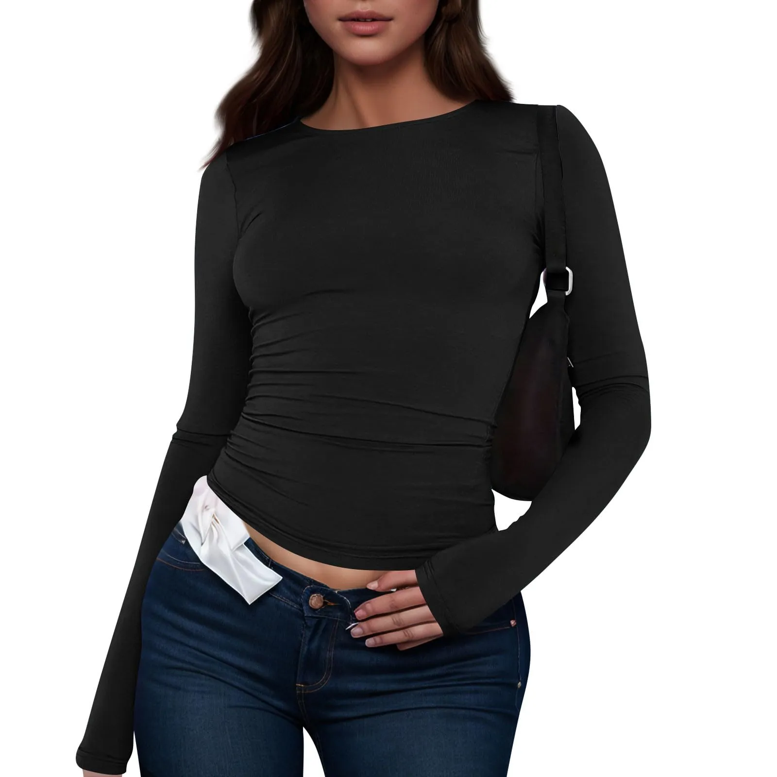 MOKBAY Top Donna Manica Lunga Corsetto Slim Fit Tinta Unita Scollo a Barca XS - immagine 3