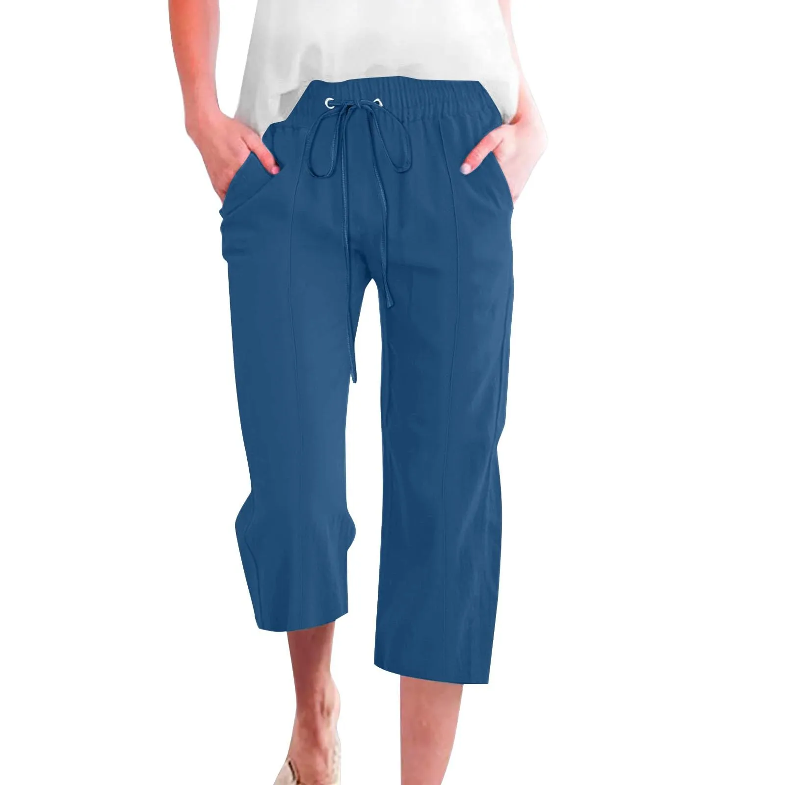 HEONSATI Donna Pantaloni Pinocchietto Estivi in Cotone e Lino 3/4 Casual Capri con Coulisse Regolabile - immagine 1