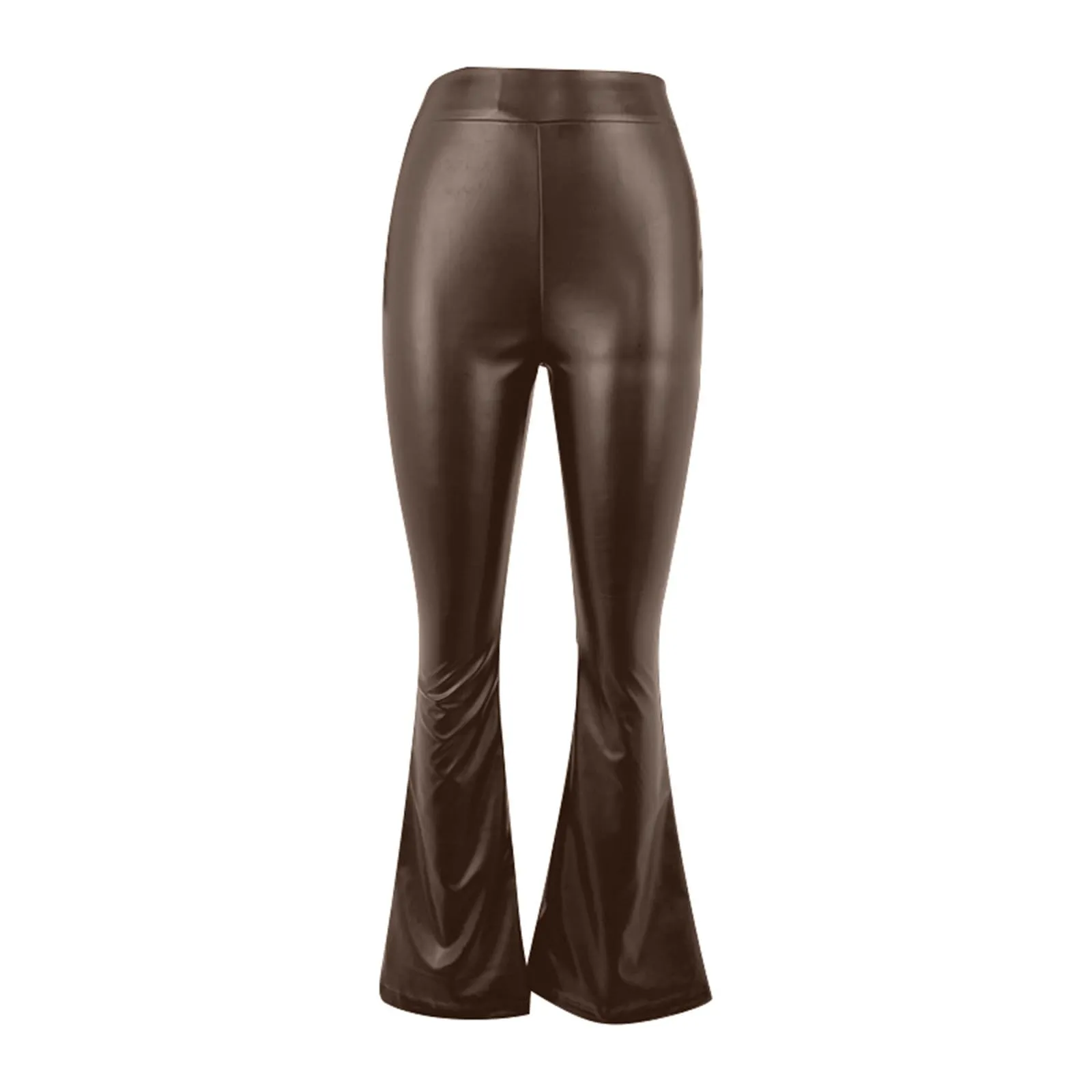 Duohropke Pantaloni a zampa in similpelle a vita alta per donna, marrone, L - immagine 4