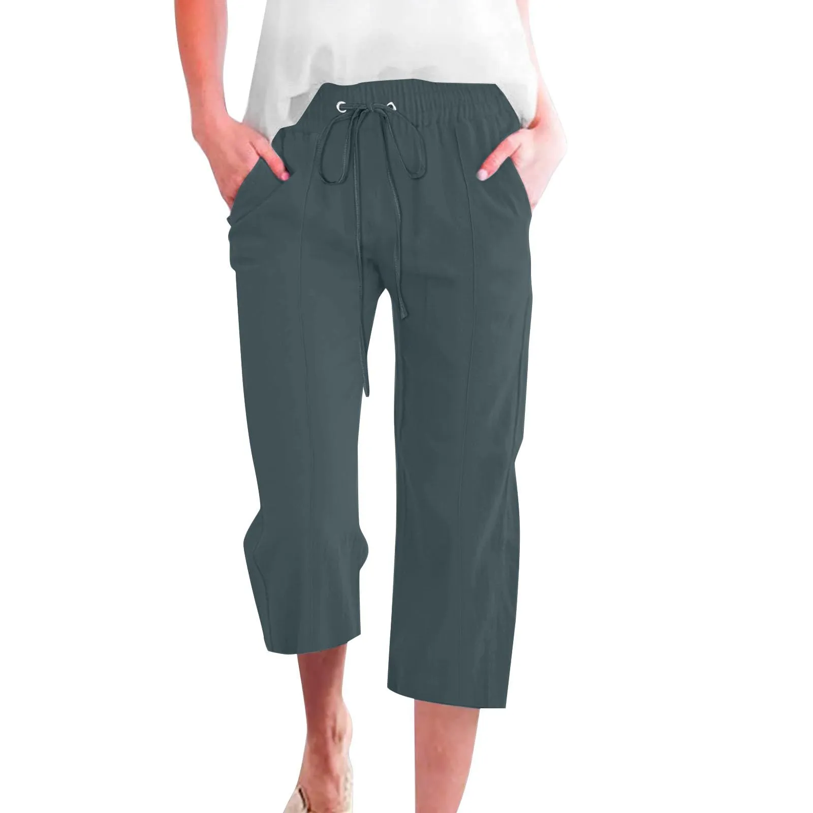 HEONSATI Donna Pantaloni Pinocchietto Estivi in Cotone e Lino 3/4 Capri Bermuda Larghi con Coulisse Regolabile - immagine 1