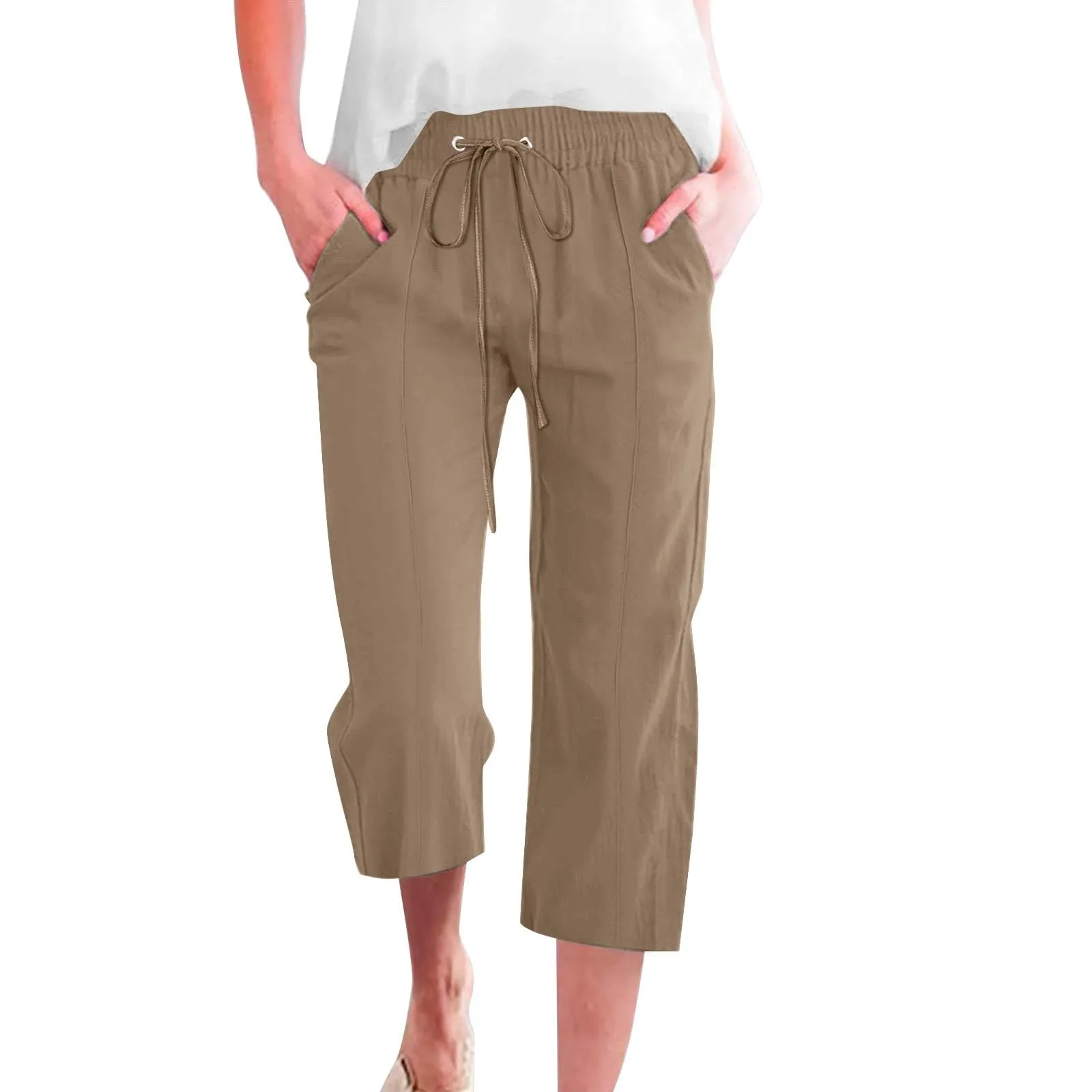HEONSATI Donna Pantaloni 3/4 Pinocchietto in Cotone e Lino Casual Sportivi con Coulisse Regolabile - immagine 1