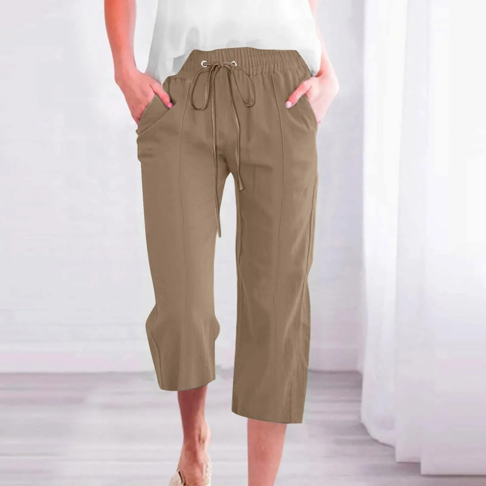 HEONSATI Donna Pantaloni 3/4 Pinocchietto in Cotone e Lino Casual Sportivi con Coulisse Regolabile - immagine 2