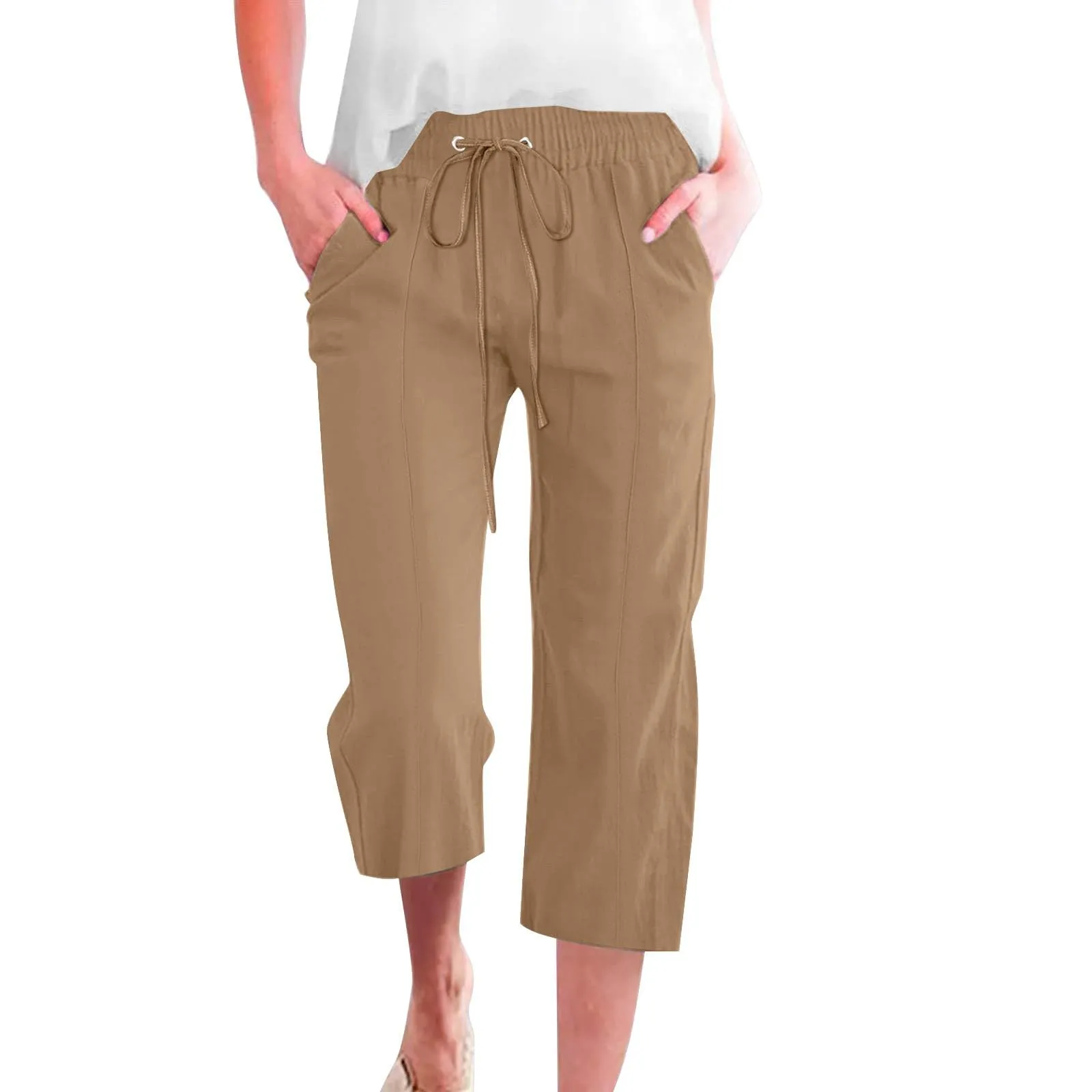 HEONSATI Donna Pantaloni Pinocchietto 3/4 in Cotone e Lino Casual Sportivi con Coulisse Regolabile - immagine 1