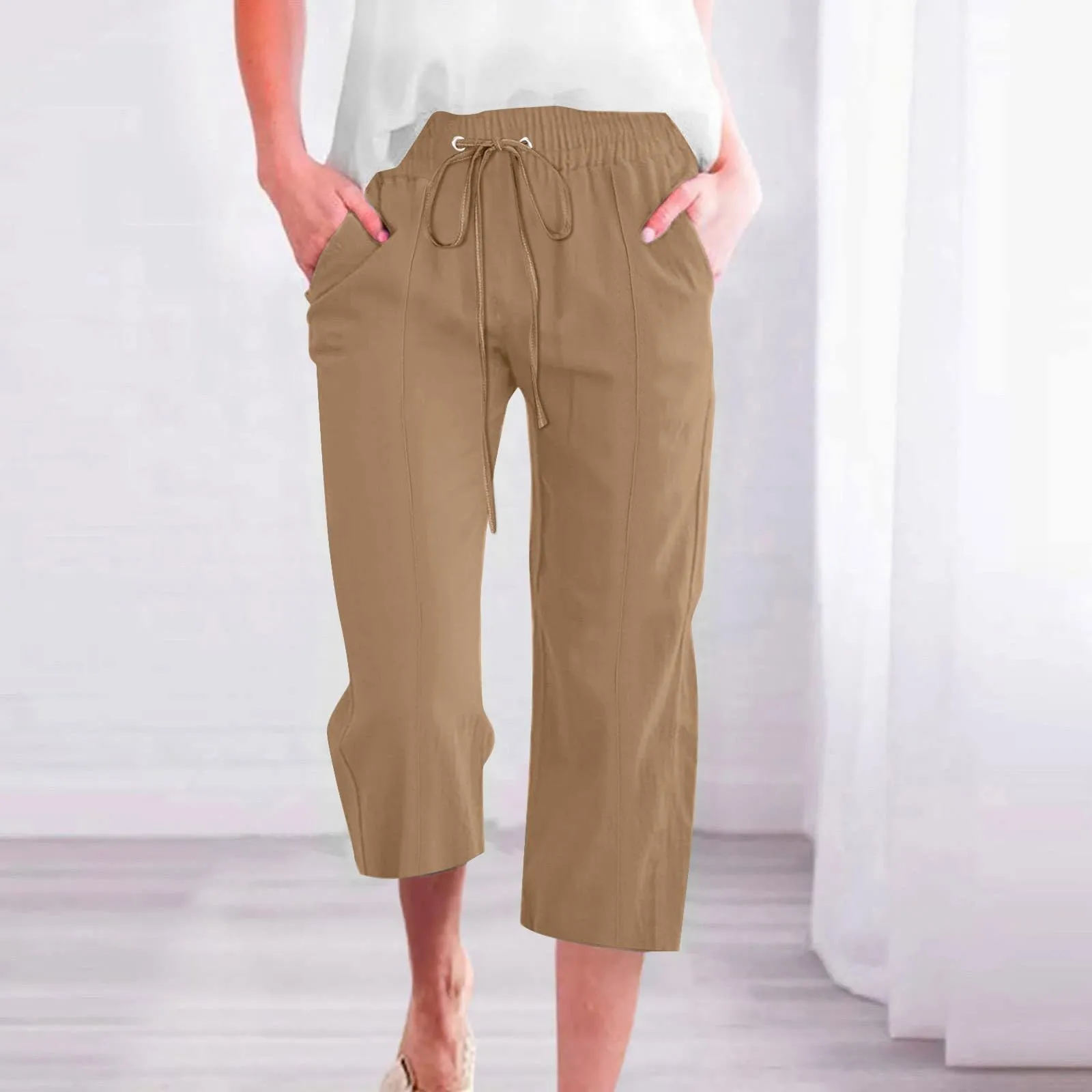 HEONSATI Donna Pantaloni Pinocchietto 3/4 in Cotone e Lino Casual Sportivi con Coulisse Regolabile - immagine 2
