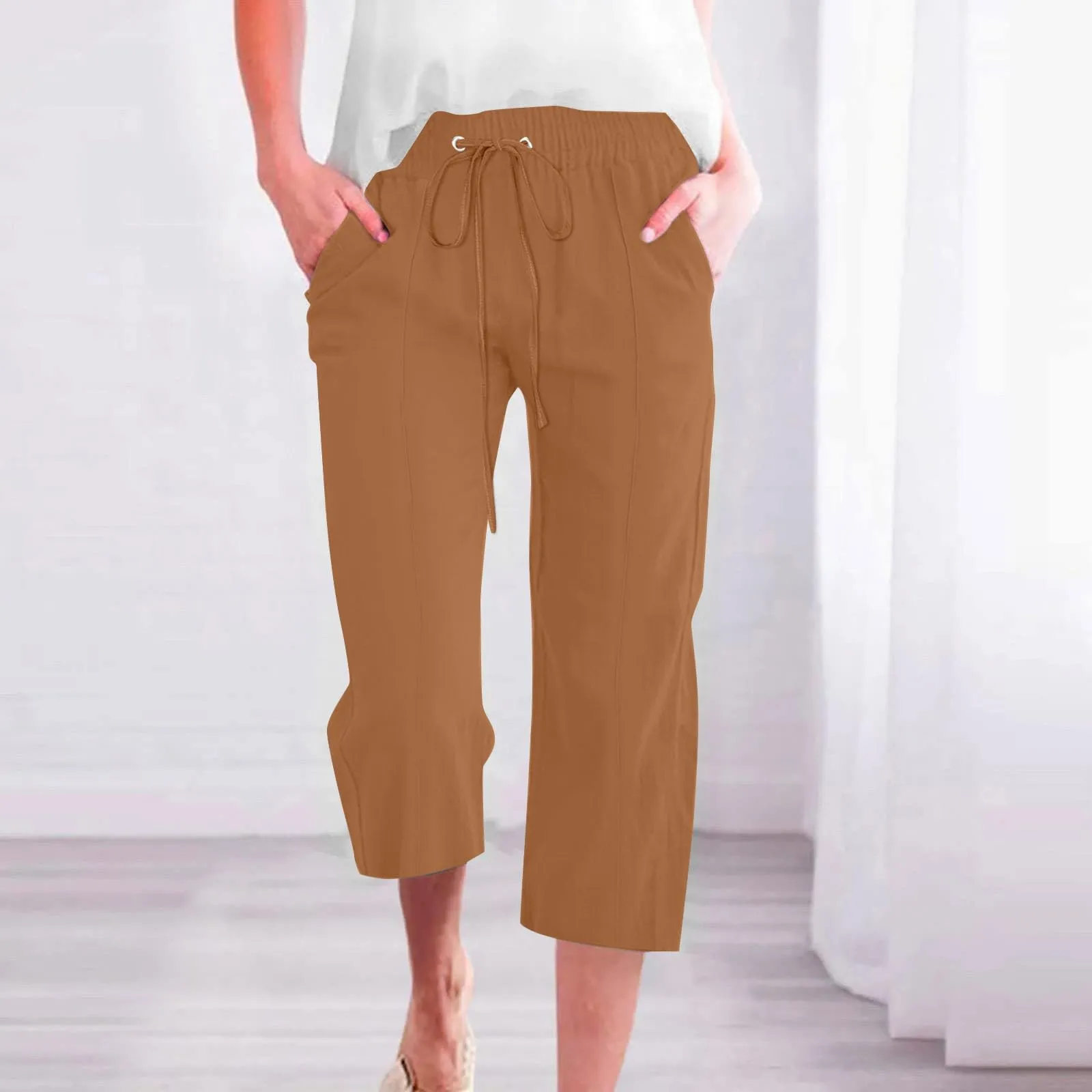 HEONSATI Donna Pantaloni Pinocchietto Estivi in Cotone e Lino 3/4 Casual Sportivi con Coulisse Regolabile - immagine 2