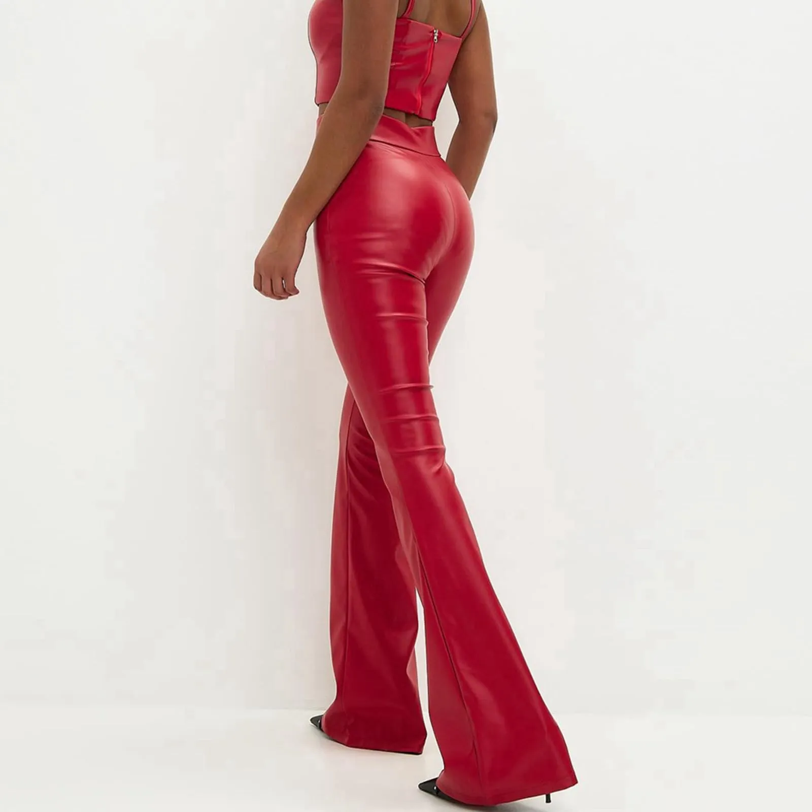 Duohropke Pantaloni a zampa in similpelle a vita alta da donna, Rosso - immagine 4