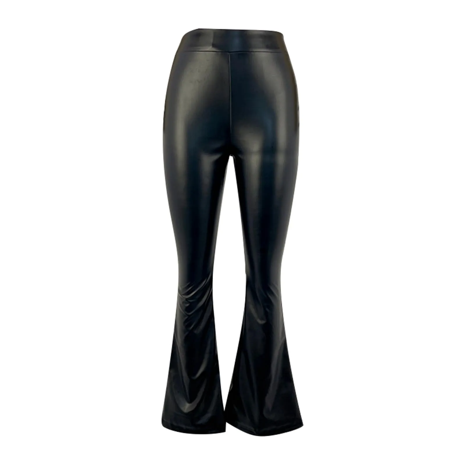Duohropke Pantaloni a zampa da donna a vita alta in similpelle, Nero, S - immagine 5