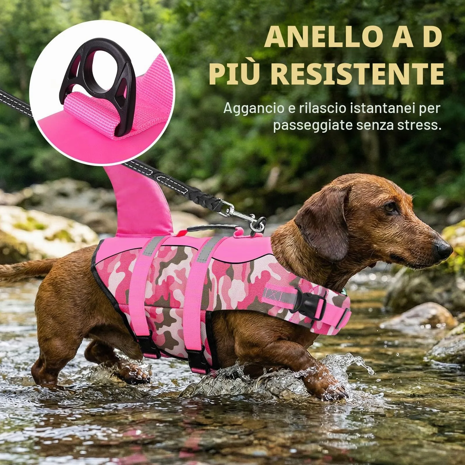 Queenmore Giubbotto di Salvataggio per Cani con Pinna di Squalo in Ripstop, Rosa Mimetico, XS - immagine 4