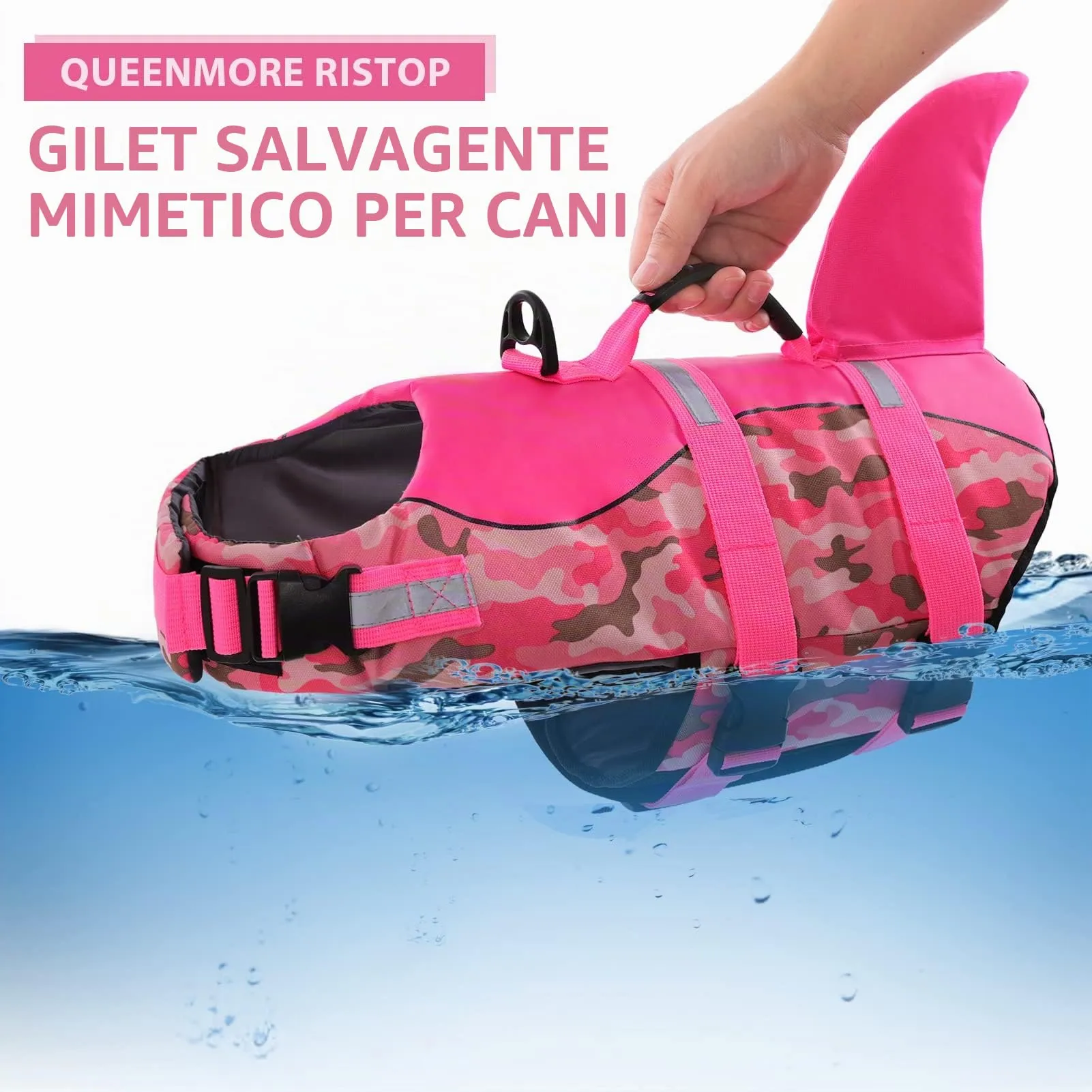 Queenmore Giubbotto di Salvataggio per Cani con Pinna di Squalo in Ripstop, Rosa Mimetico, XS - immagine 8