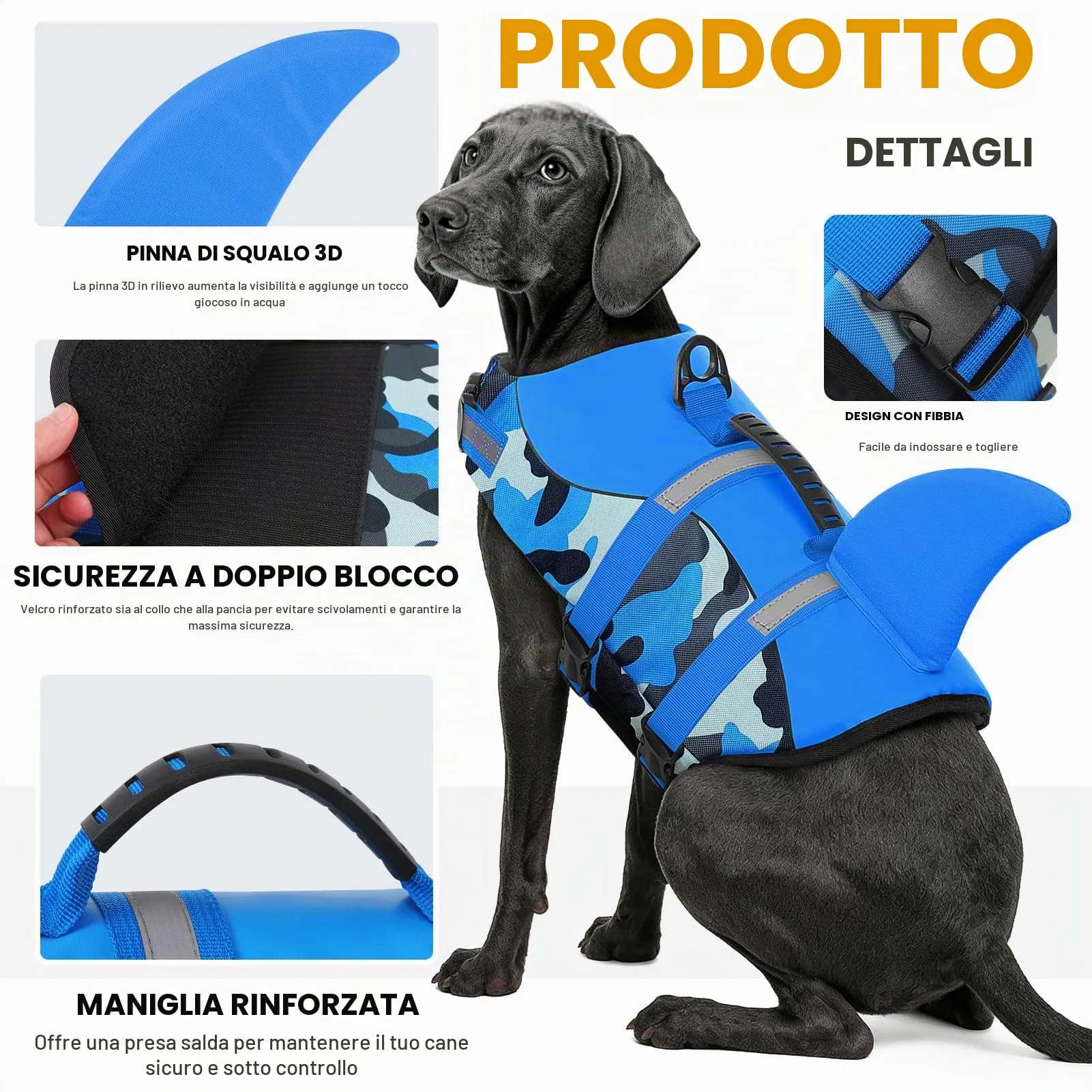 Queenmore Giubbotto di salvataggio per cani in ripstop con pinna di squalo, blu mimetico, taglia M - immagine 3