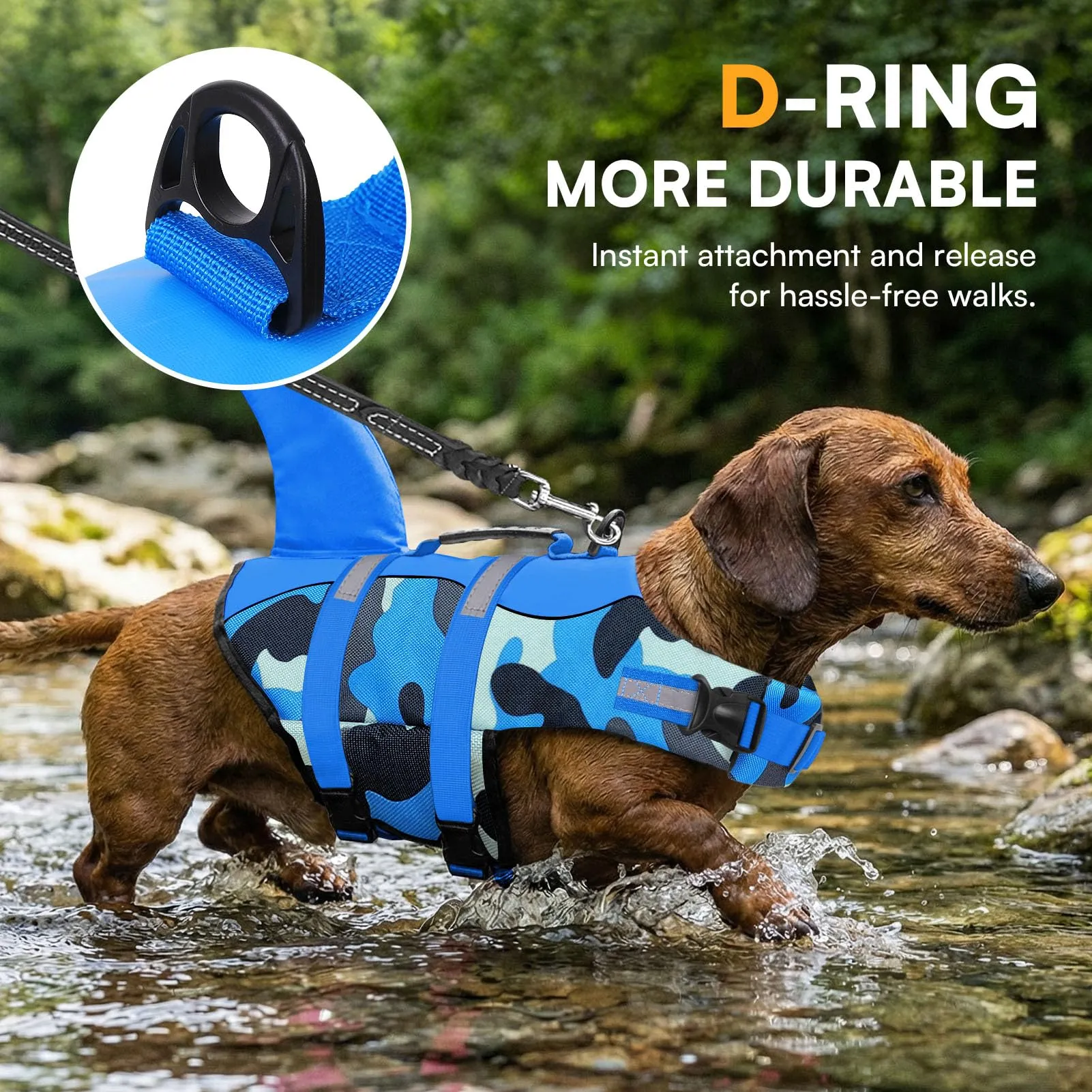 Queenmore Giubbotto di salvataggio per cani in ripstop con pinna di squalo, blu mimetico, taglia M - immagine 4
