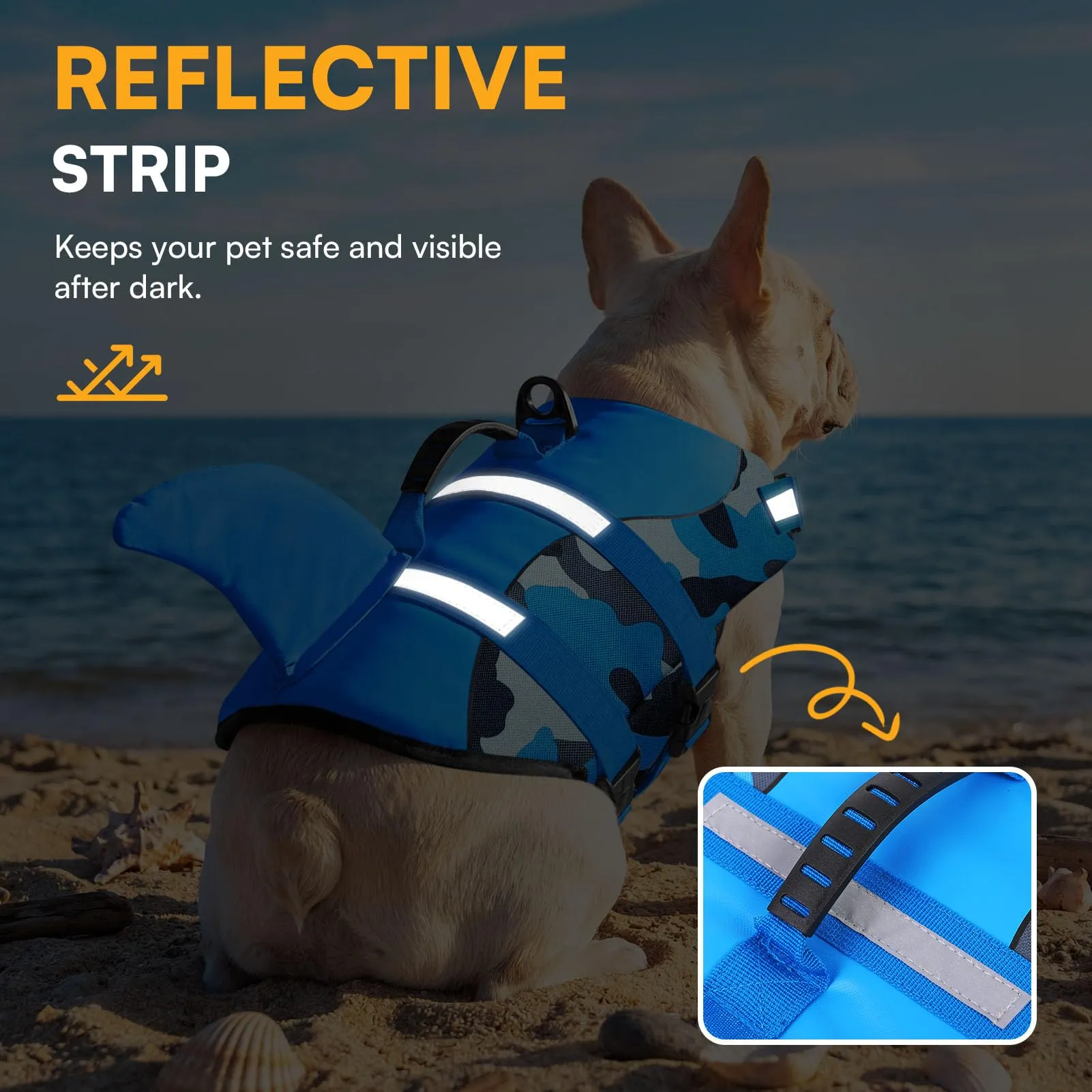 Queenmore Giubbotto di salvataggio per cani in ripstop con pinna di squalo, blu mimetico, taglia M - immagine 5