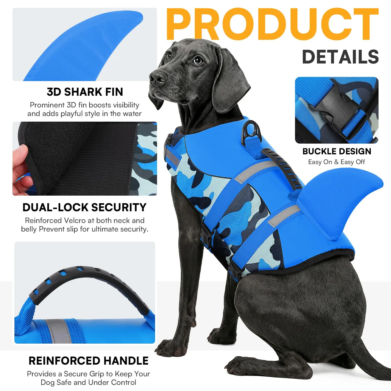 Queenmore Giubbotto di Salvataggio per Cani Ripstop Design Squalo, Blu Mimetico, Taglia L - immagine 3