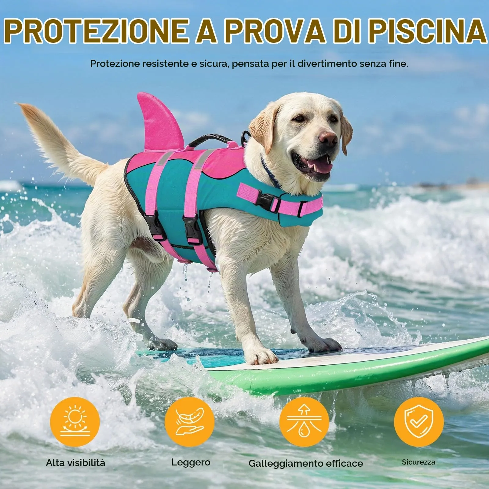 Queenmore Giubbotto Salvagente per Cani Ripstop Design Squalo, Pavone, M - immagine 7