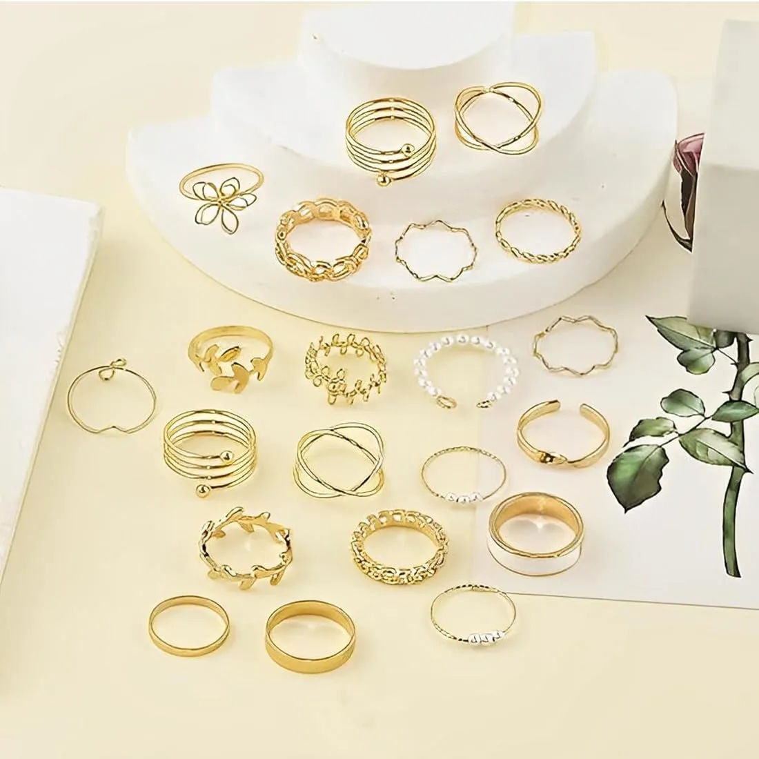 XUZOPIM Set di 21 Anelli Donna in Acciaio Inossidabile Vintage Retro Stackable Oro Giallo - immagine 6
