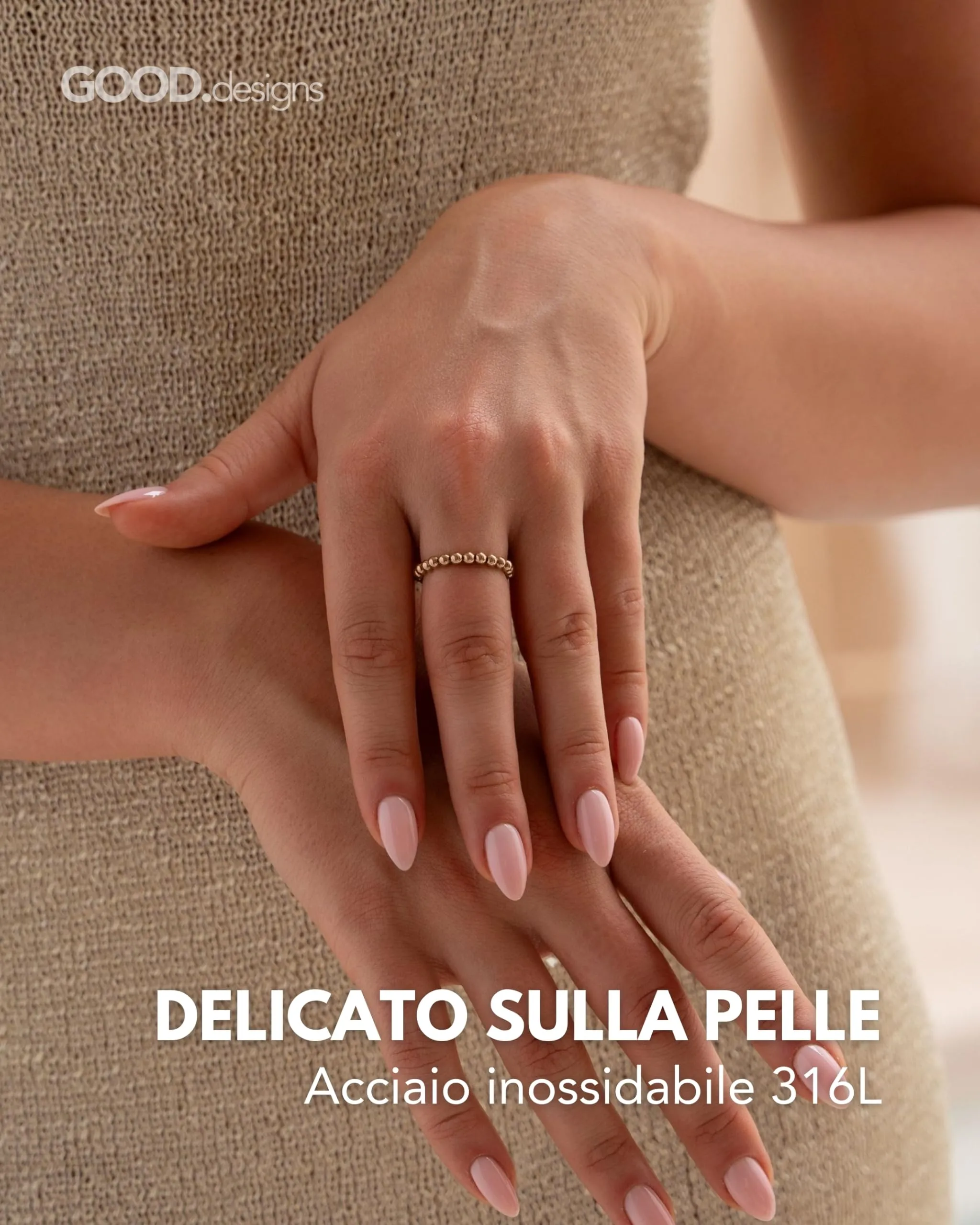 GD GOOD.designs Anello antistress in acciaio inox con perline 3 mm, Oro rosa 18K, Misura 54-60 - immagine 2