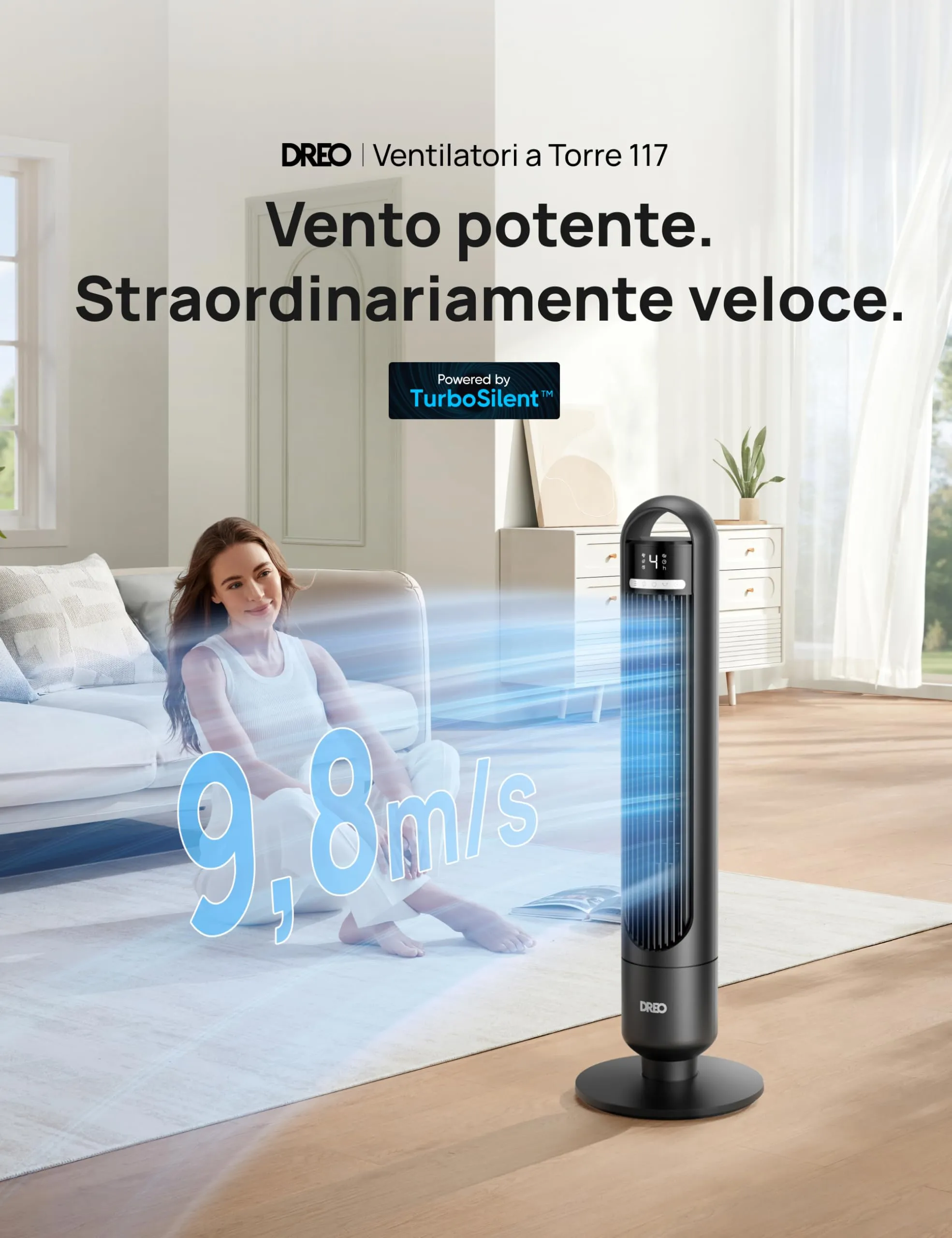 Dreo Ventilatore a Torre DR-HTF017, 4 velocità, 3 modalità, timer 8 ore, oscillazione 90°, nero - immagine 2