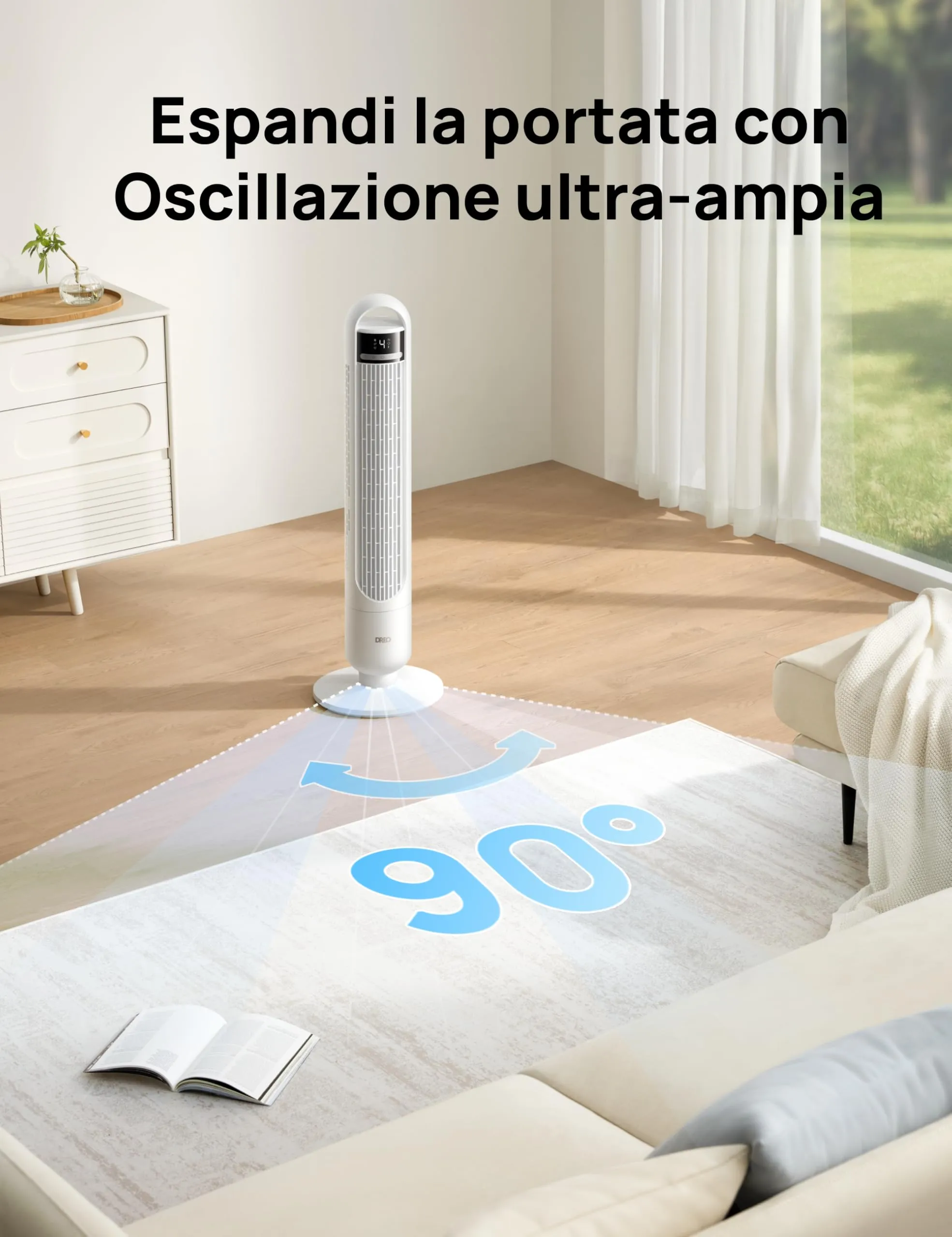 DREO Ventilatore a Torre DR-HTF017, 4 Velocità, 3 Modalità, Timer 8 Ore, Oscillazione 90°, Bianco - immagine 5