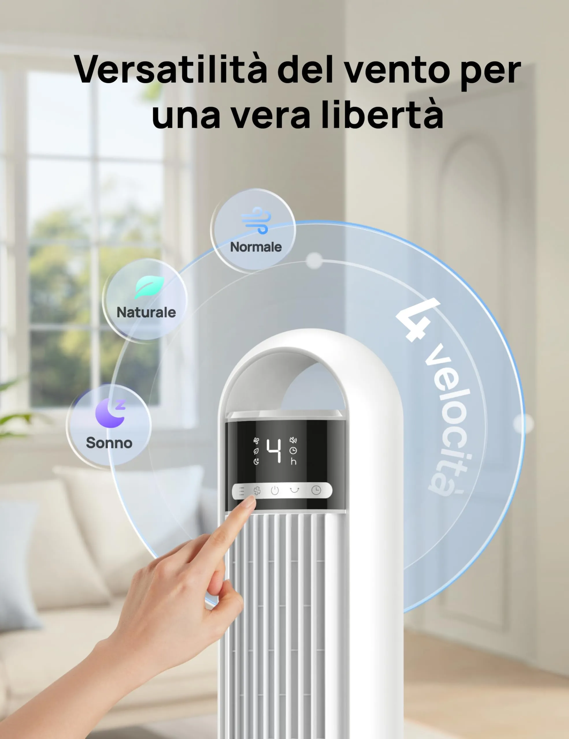 DREO Ventilatore a Torre DR-HTF017, 4 Velocità, 3 Modalità, Timer 8 Ore, Oscillazione 90°, Bianco - immagine 6