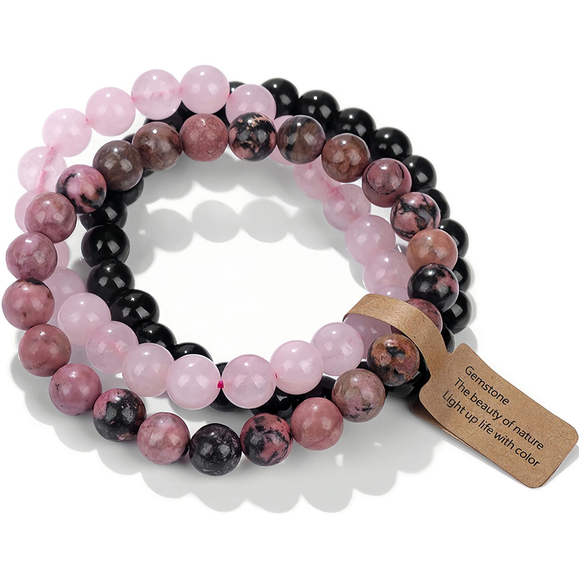 SAIBANGZI Braccialetto in pietre naturali Onice Nera, Rodonite e Quarzo Rosa, elastico 8mm - immagine 1