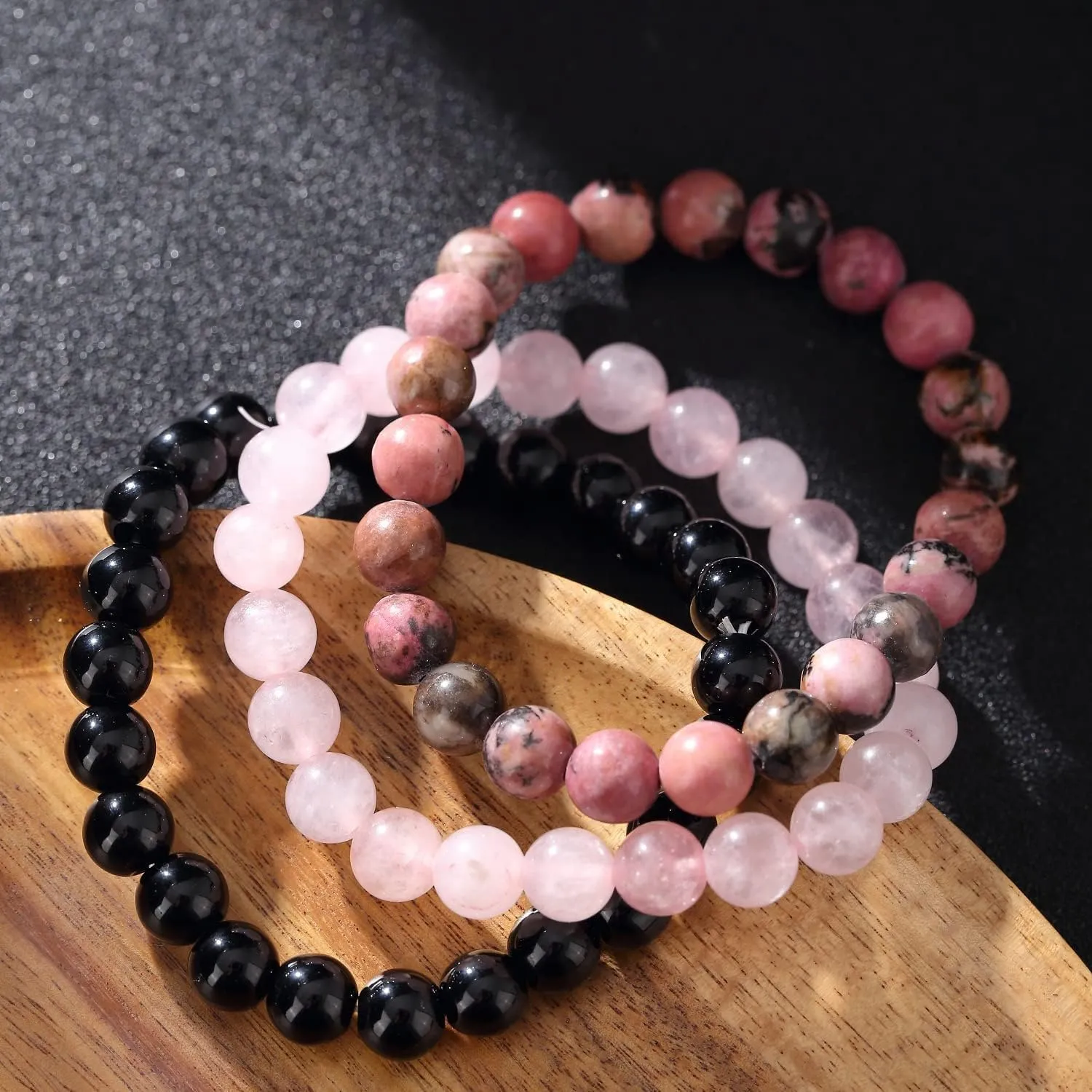 SAIBANGZI Braccialetto in pietre naturali Onice Nera, Rodonite e Quarzo Rosa, elastico 8mm - immagine 2