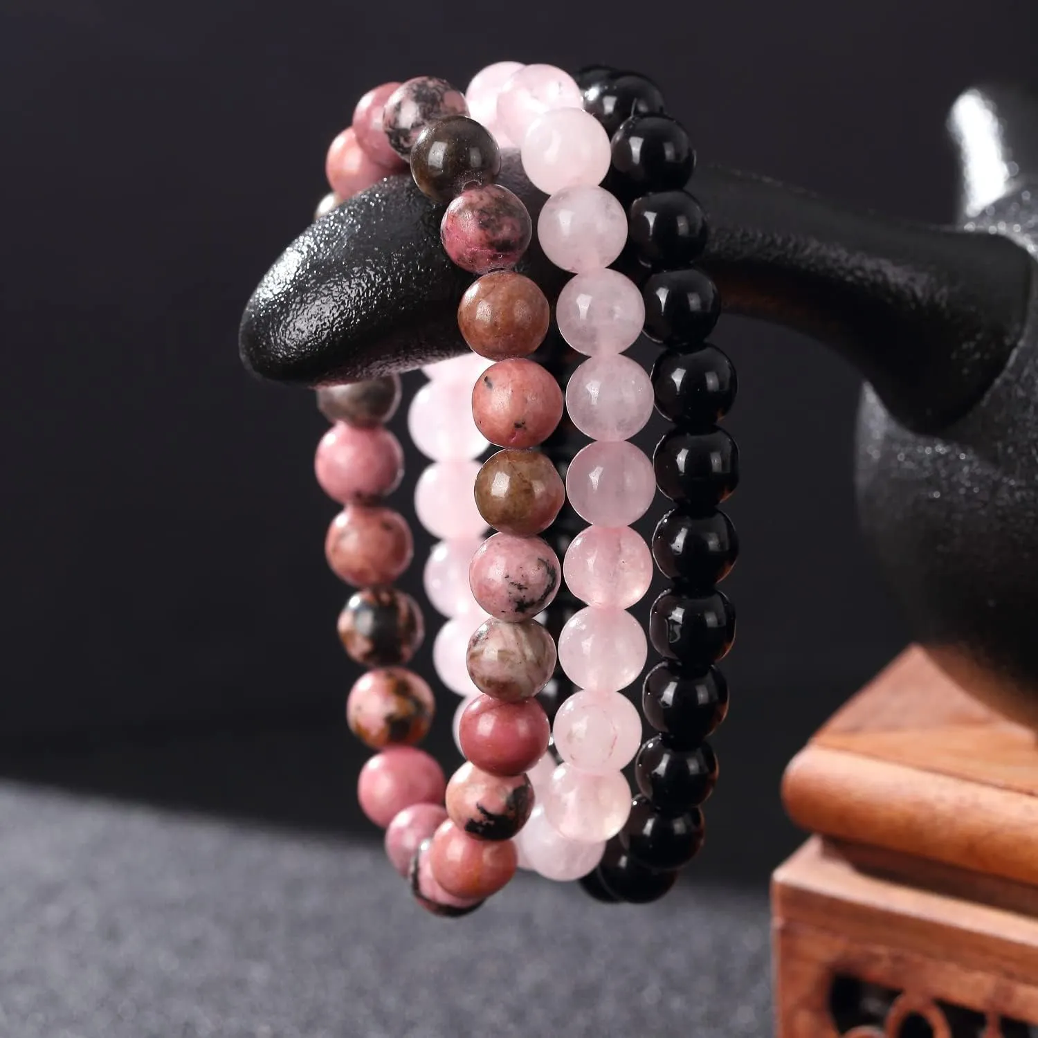 SAIBANGZI Braccialetto in pietre naturali Onice Nera, Rodonite e Quarzo Rosa, elastico 8mm - immagine 3