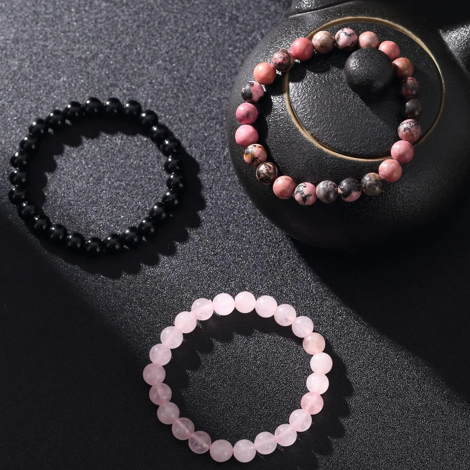 SAIBANGZI Braccialetto in pietre naturali Onice Nera, Rodonite e Quarzo Rosa, elastico 8mm - immagine 4