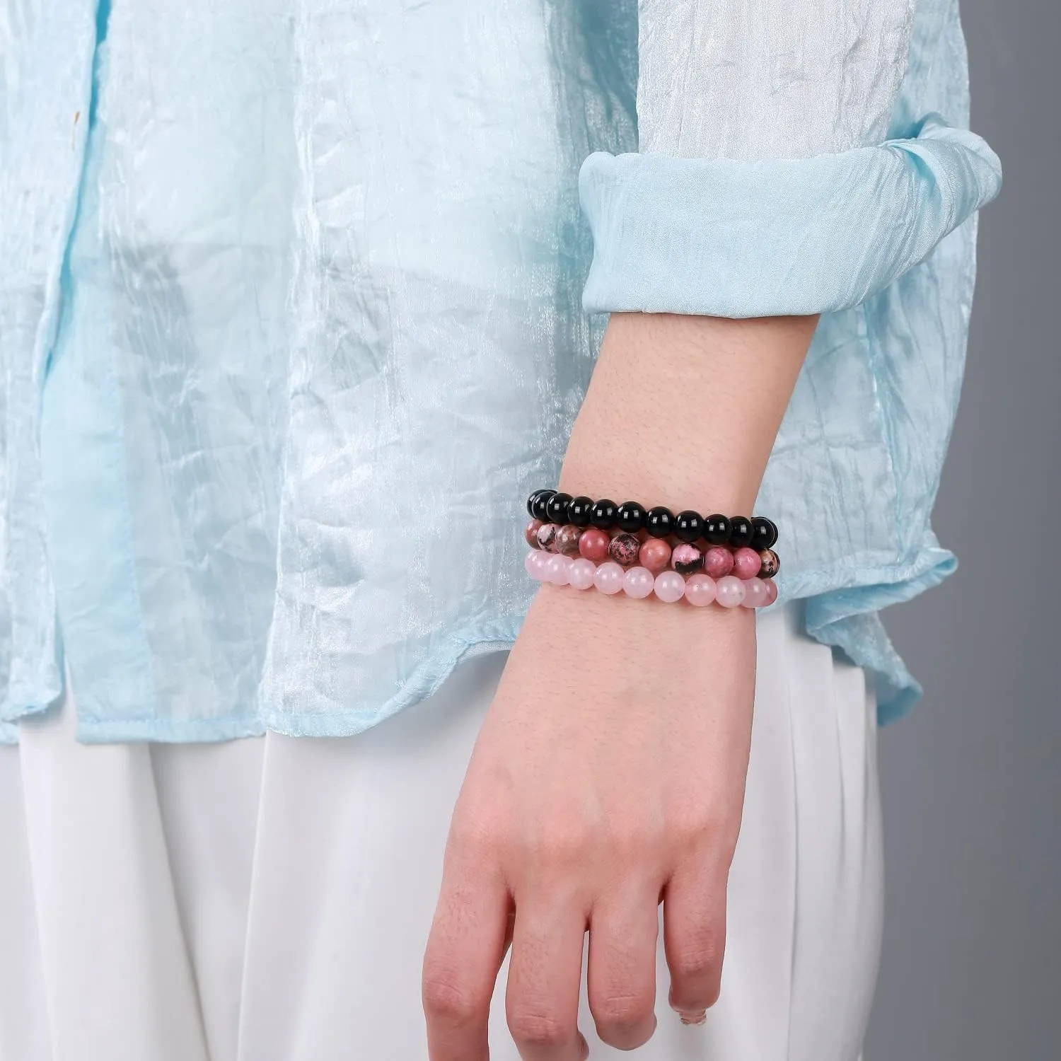 SAIBANGZI Braccialetto in pietre naturali Onice Nera, Rodonite e Quarzo Rosa, elastico 8mm - immagine 6