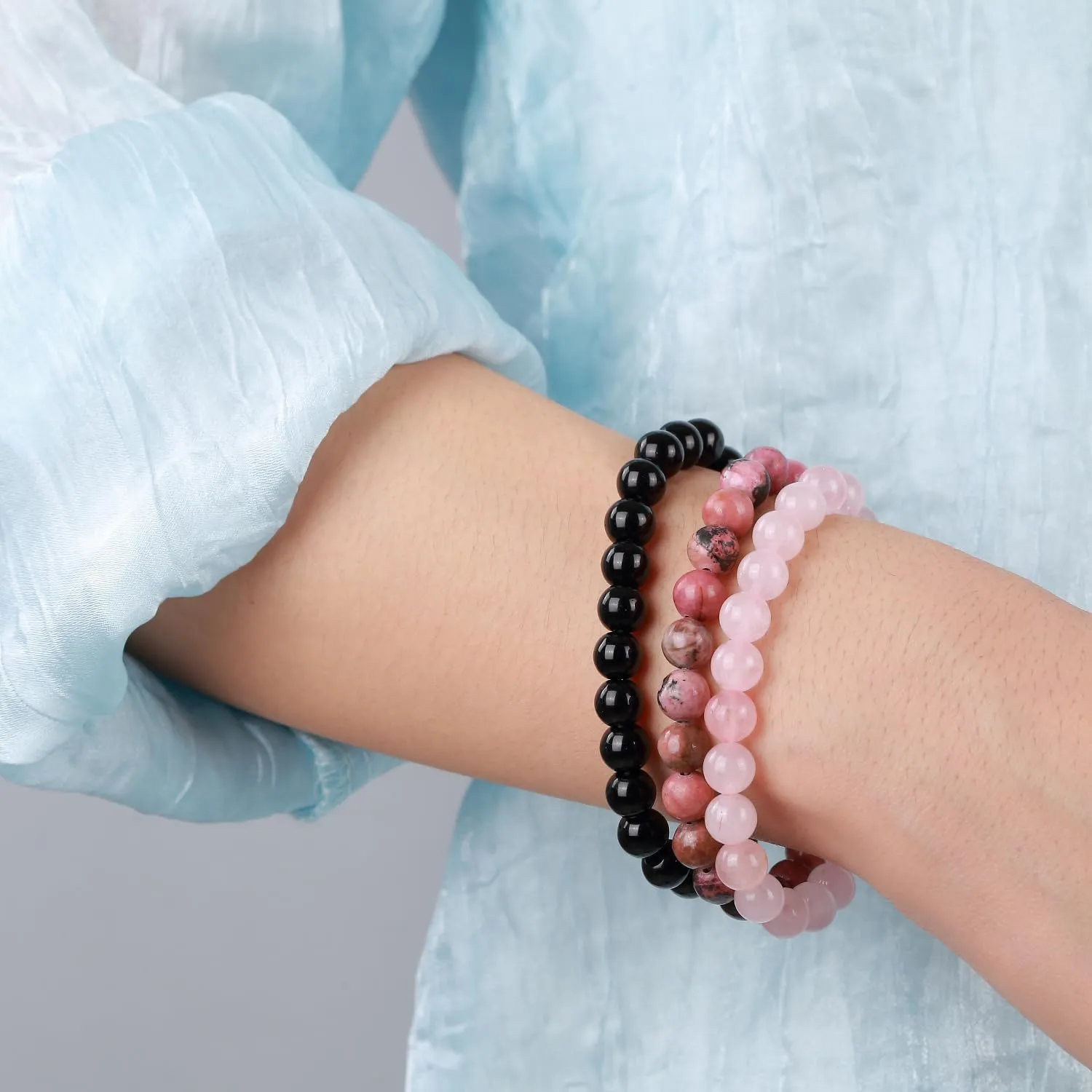 SAIBANGZI Braccialetto in pietre naturali Onice Nera, Rodonite e Quarzo Rosa, elastico 8mm - immagine 7