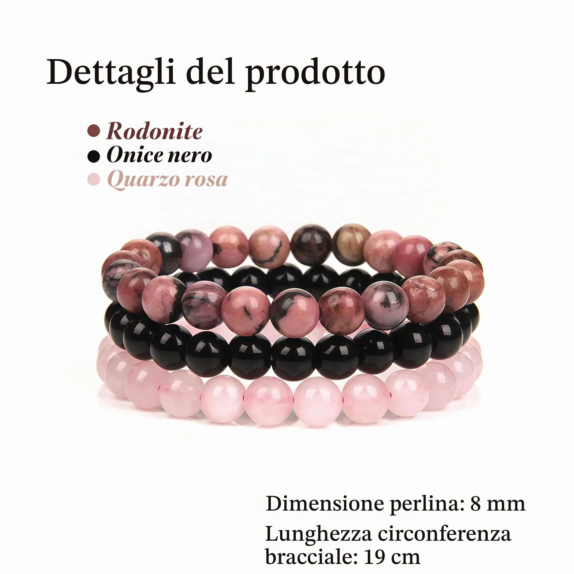 SAIBANGZI Braccialetto in pietre naturali Onice Nera, Rodonite e Quarzo Rosa, elastico 8mm - immagine 8