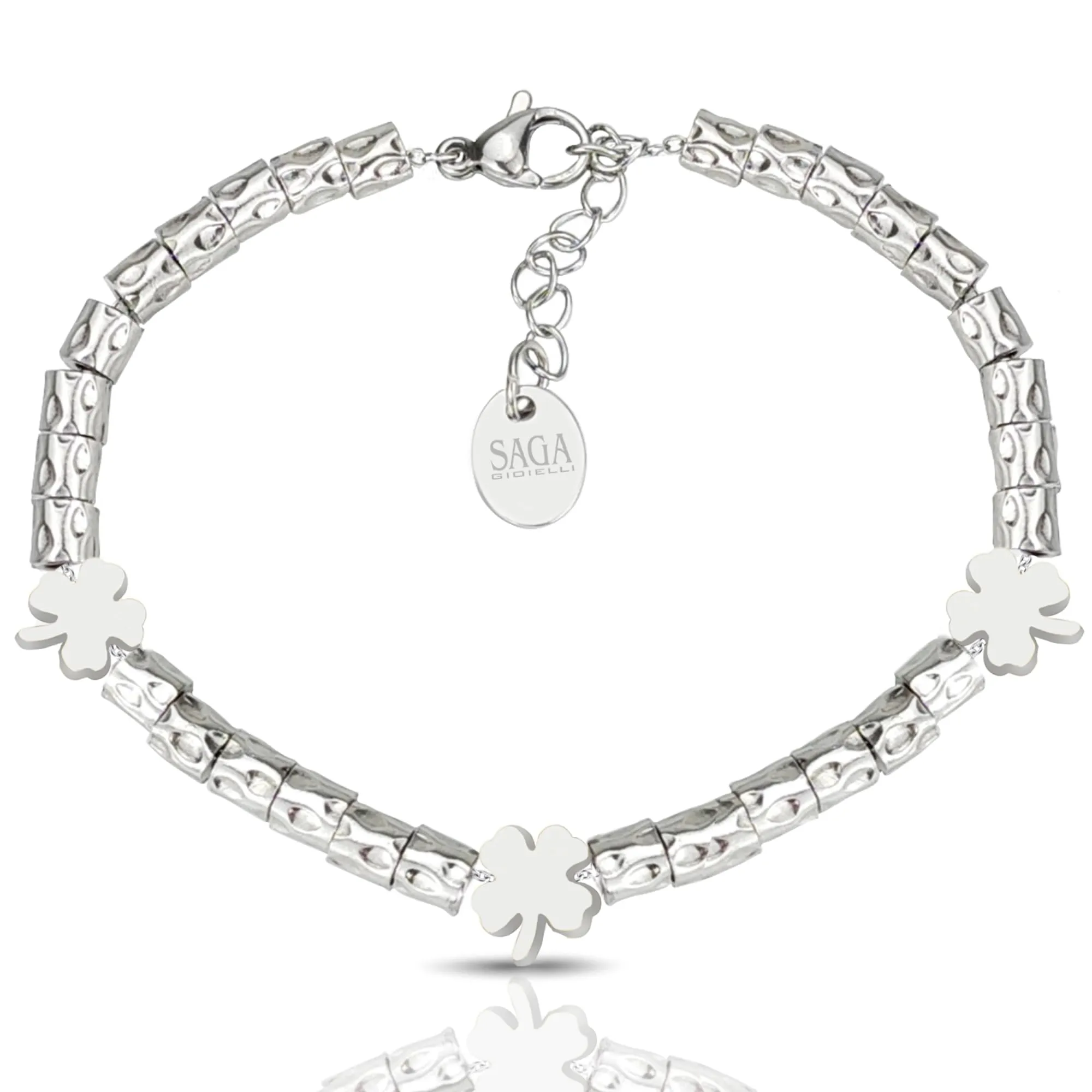 Saga Gioielli Bracciale Donna Granelli Pepite Martellate Acciaio Pendente Quadrifoglio Argentato - immagine 1