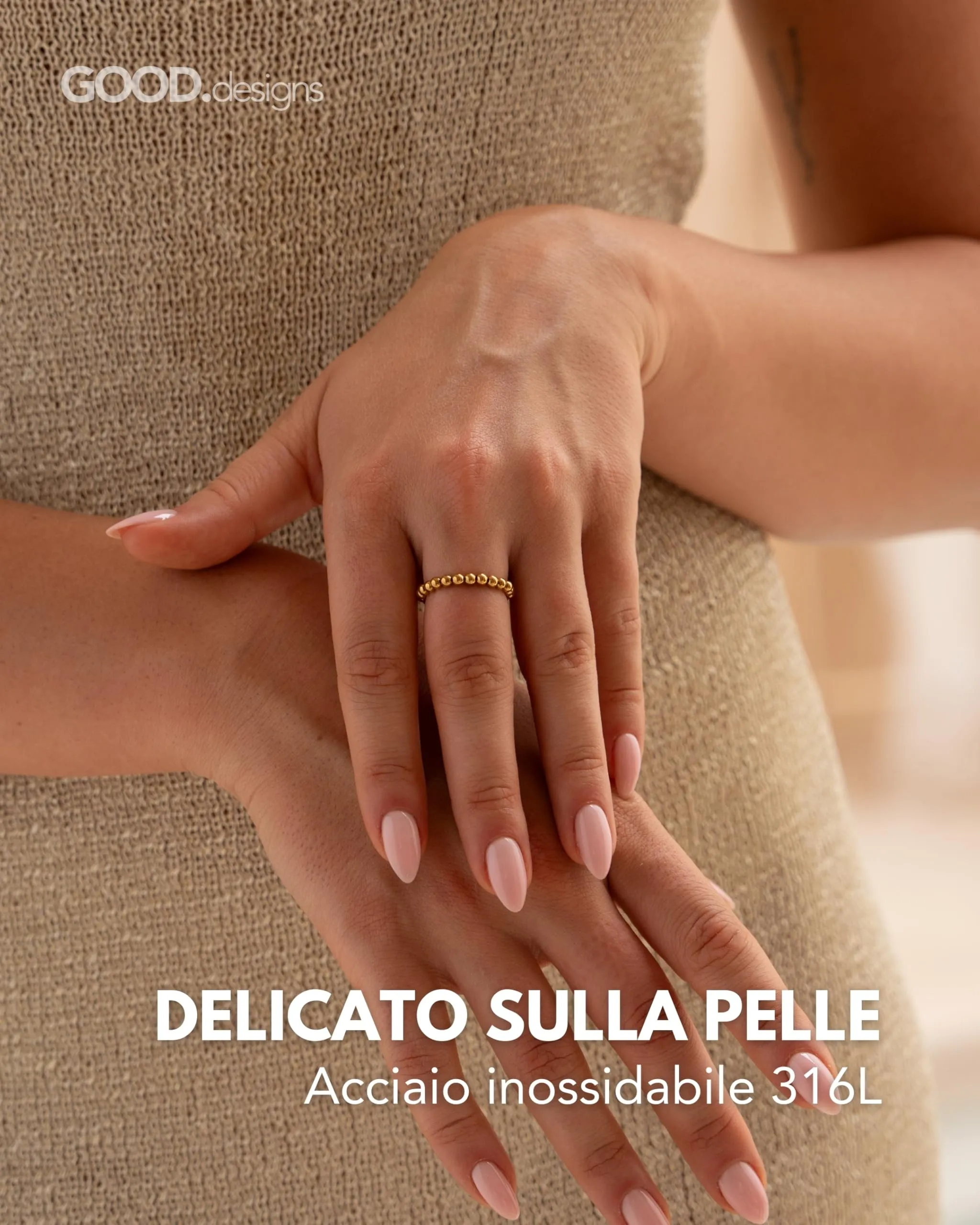 GD GOOD.designs Anello antistress in acciaio inox con perline 3 mm, Placcato Oro 18K, Misura 54-60 - immagine 2